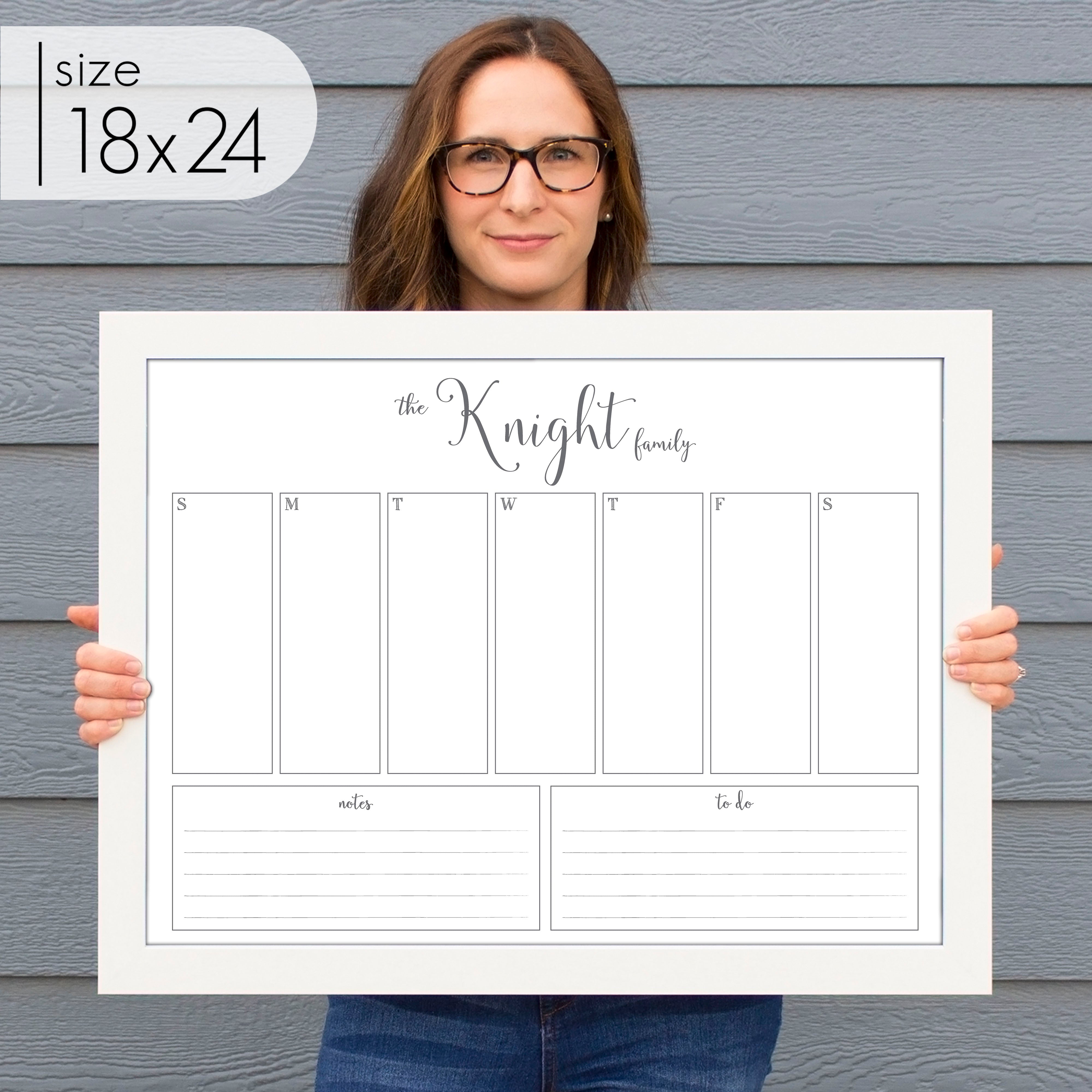 Weekly Framed Whiteboard Calendar + 2 sections | Horizontal Knope