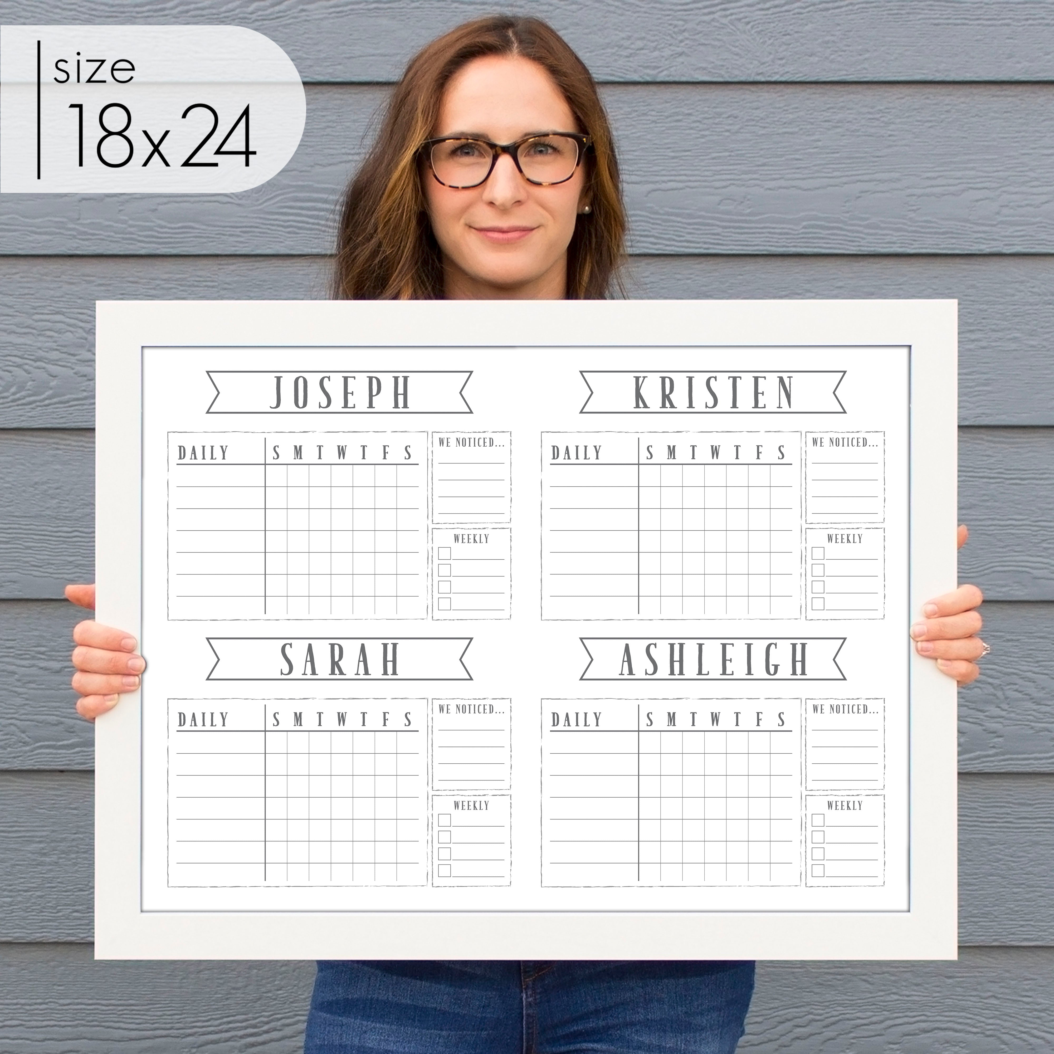 4 Person Framed Chore Chart Whiteboard | Horizontal Swanson