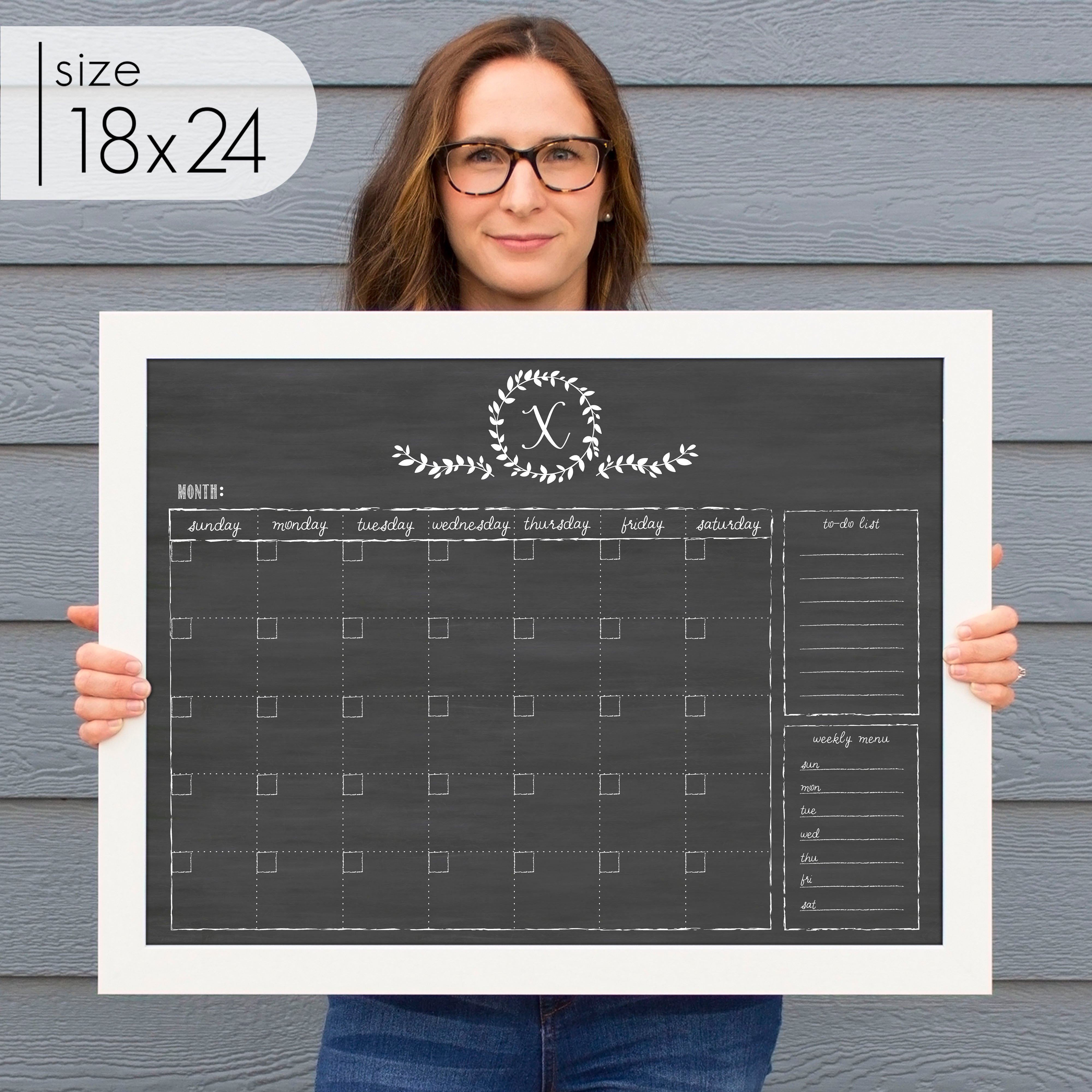 Monthly Framed Chalkboard Calendar + 2 sections | Horizontal Donna