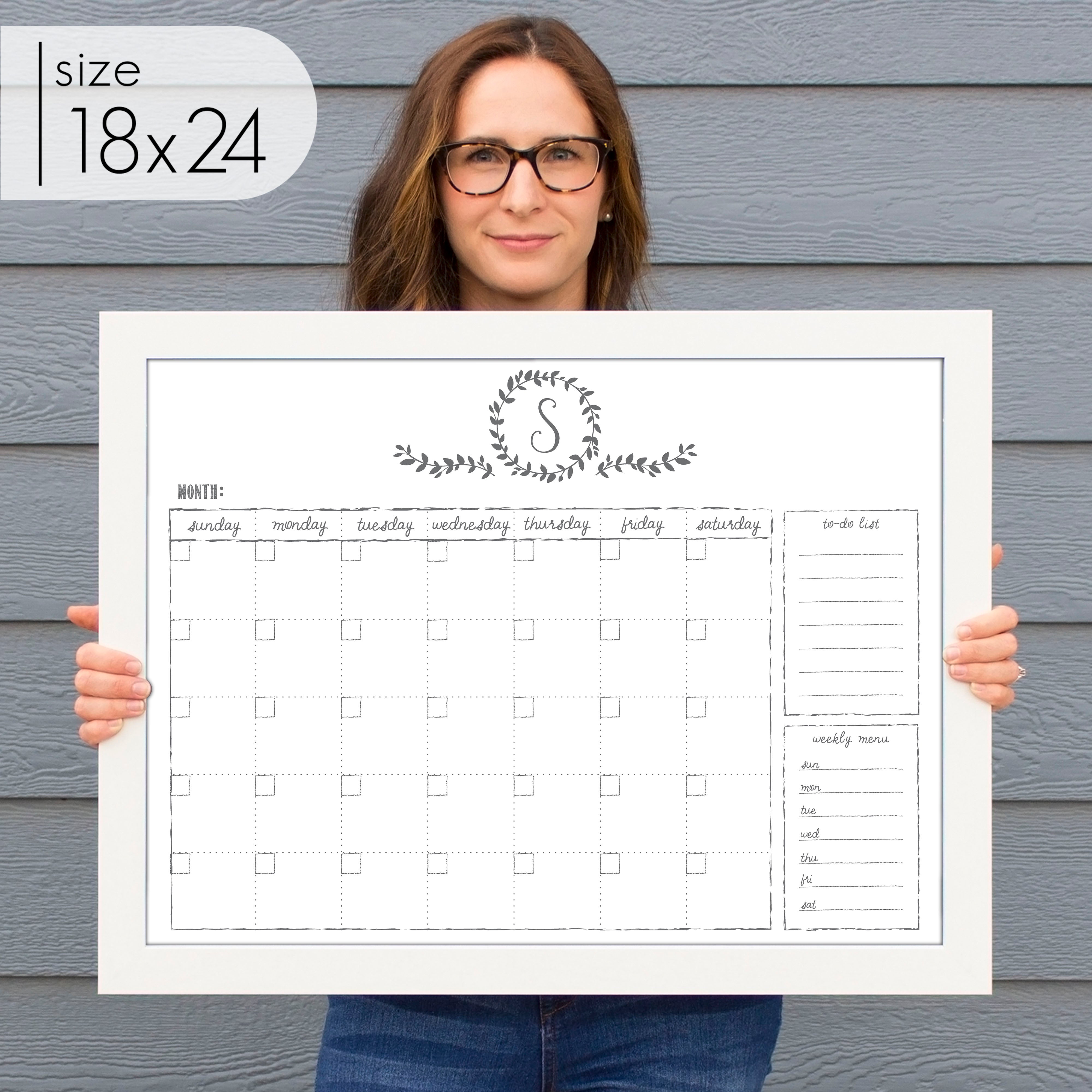 Monthly Framed Whiteboard Calendar + 2 sections | Horizontal Donna