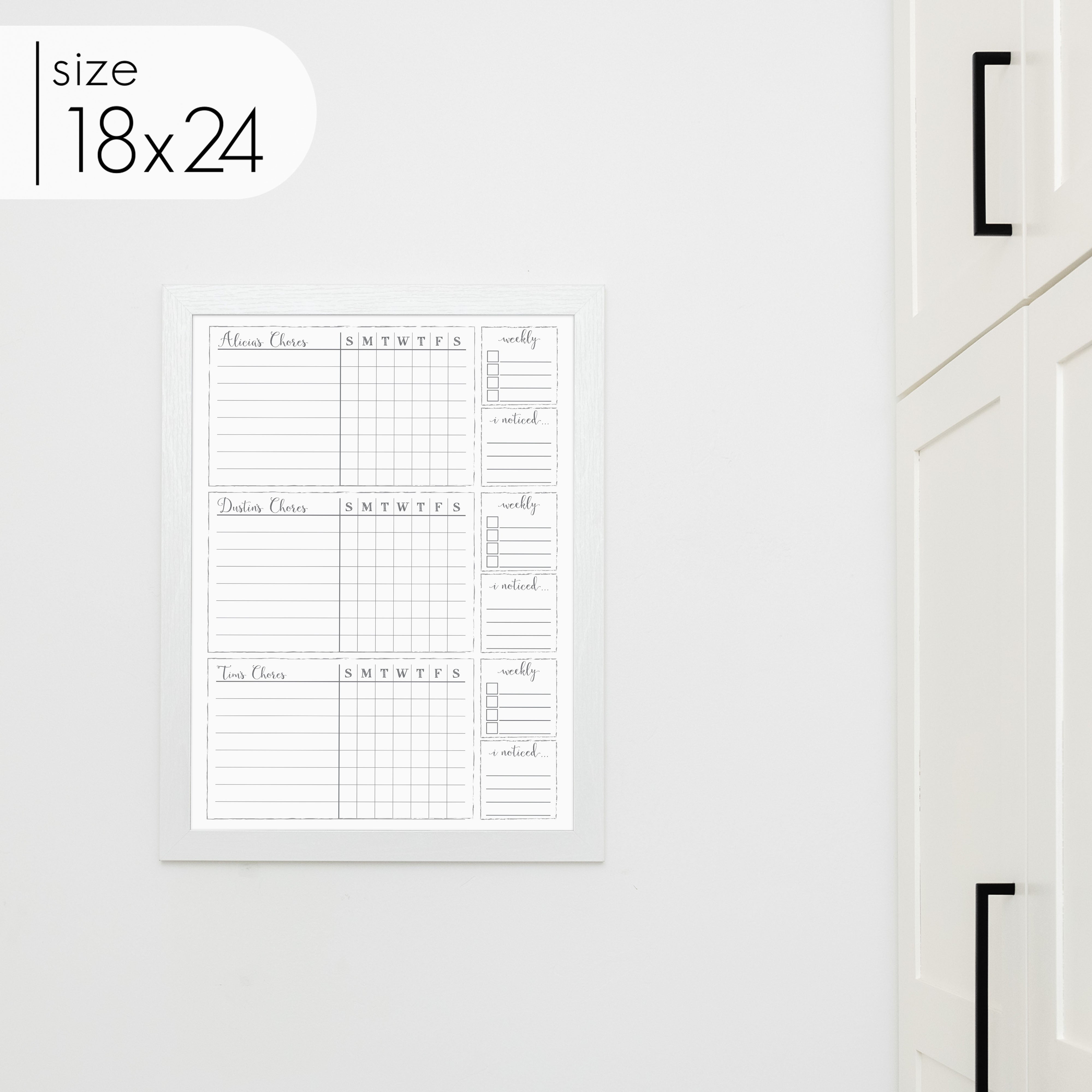 3 Person Framed Whiteboard Chore Chart  | Vertical Knope