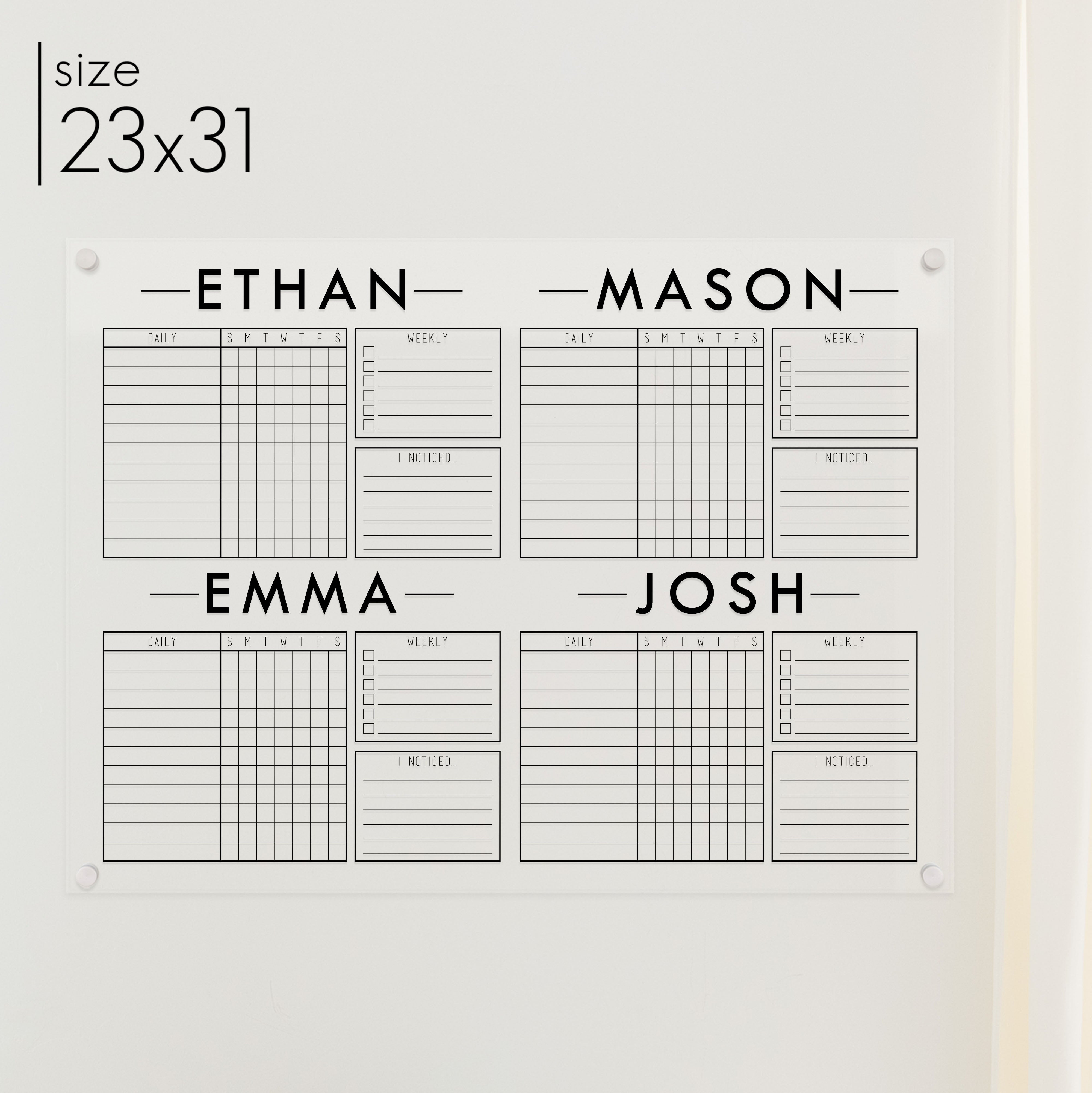 4 Person Acrylic Chore Chart | Horizontal Multi-Style