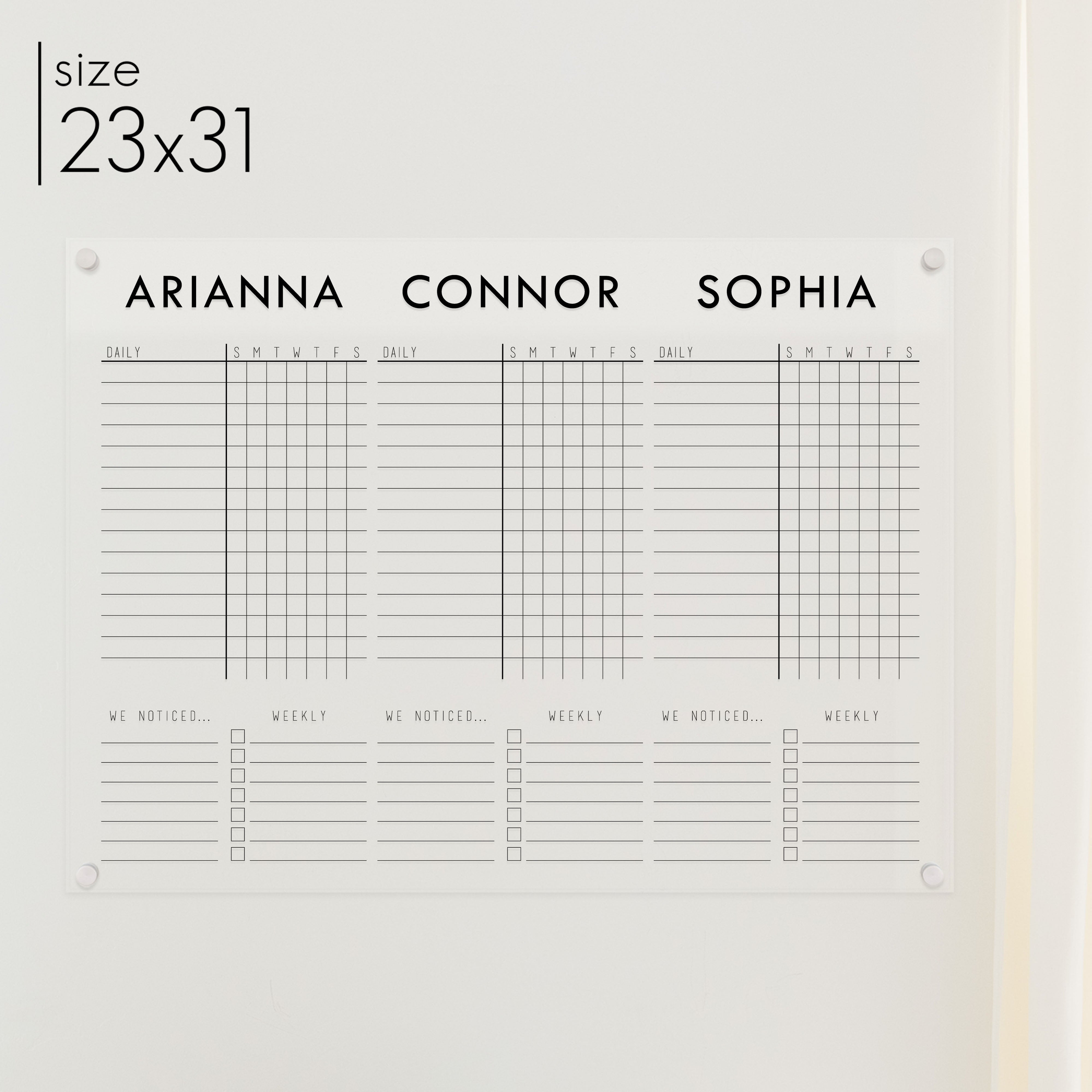 3 Person Acrylic Chore Chart | Horizontal Madi