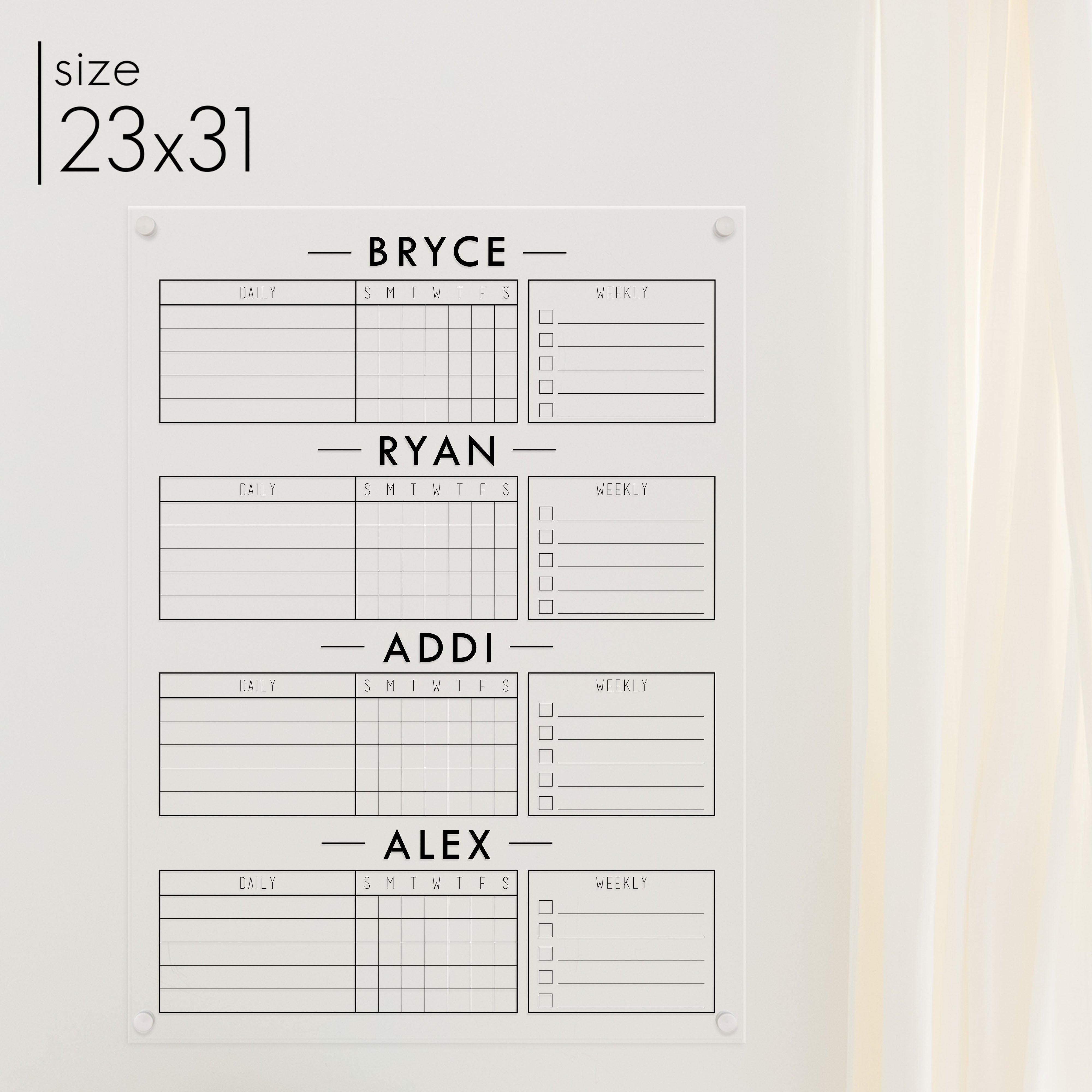 4 Person Acrylic Chore Chart | Vertical Multi-Style