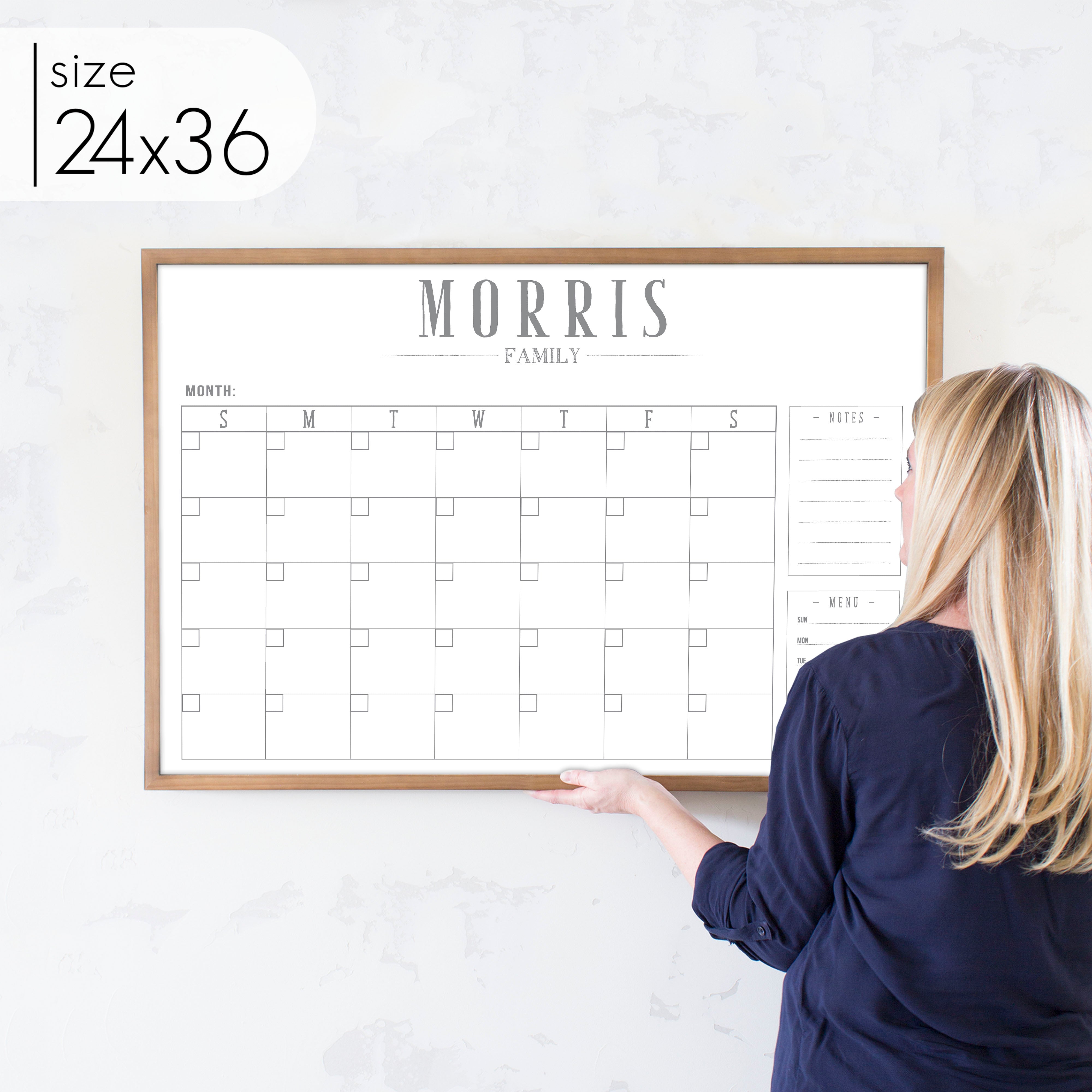 Monthly Framed Whiteboard Calendar + 2 sections | Horizontal Swanson
