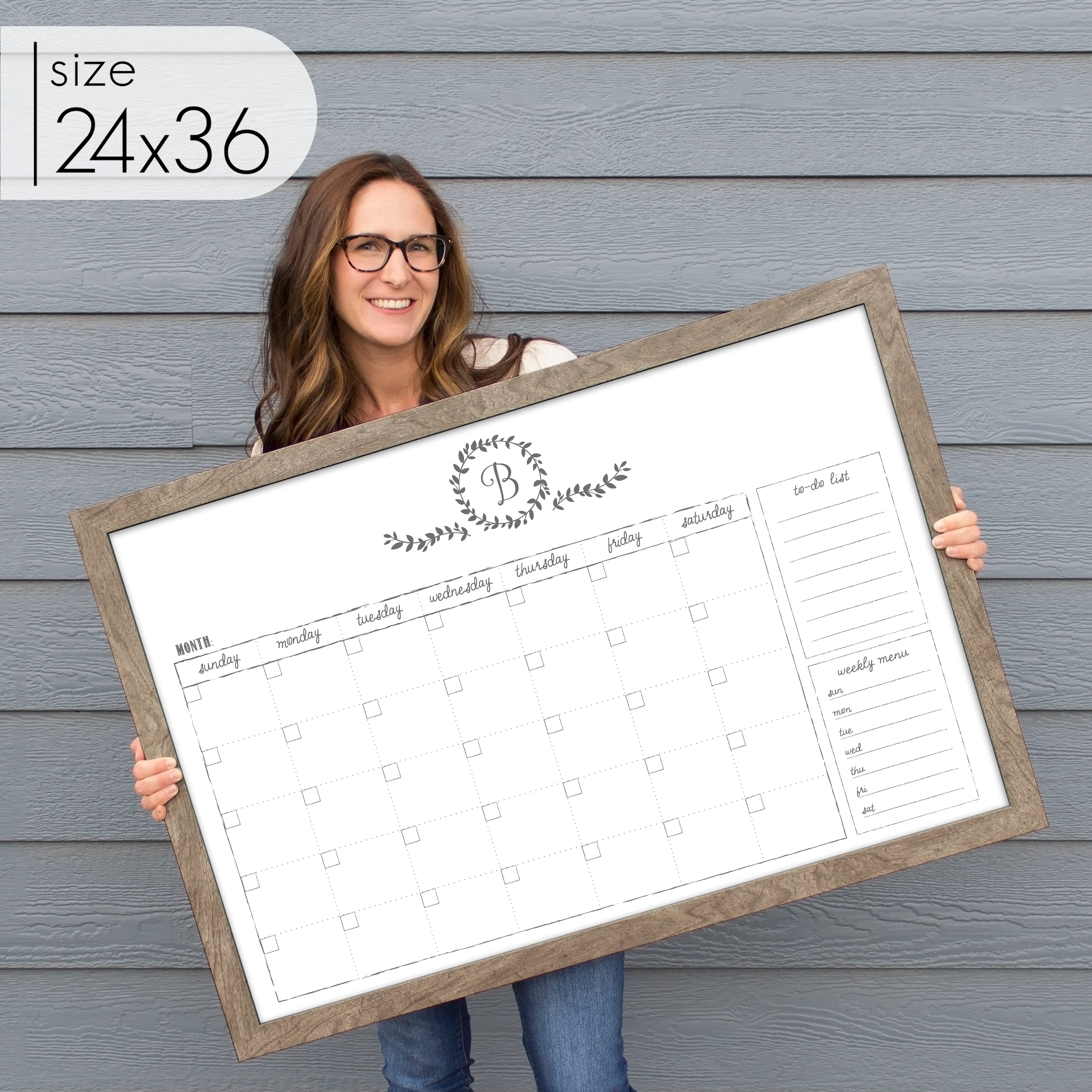 Monthly Framed Whiteboard Calendar + 2 sections | Horizontal Donna