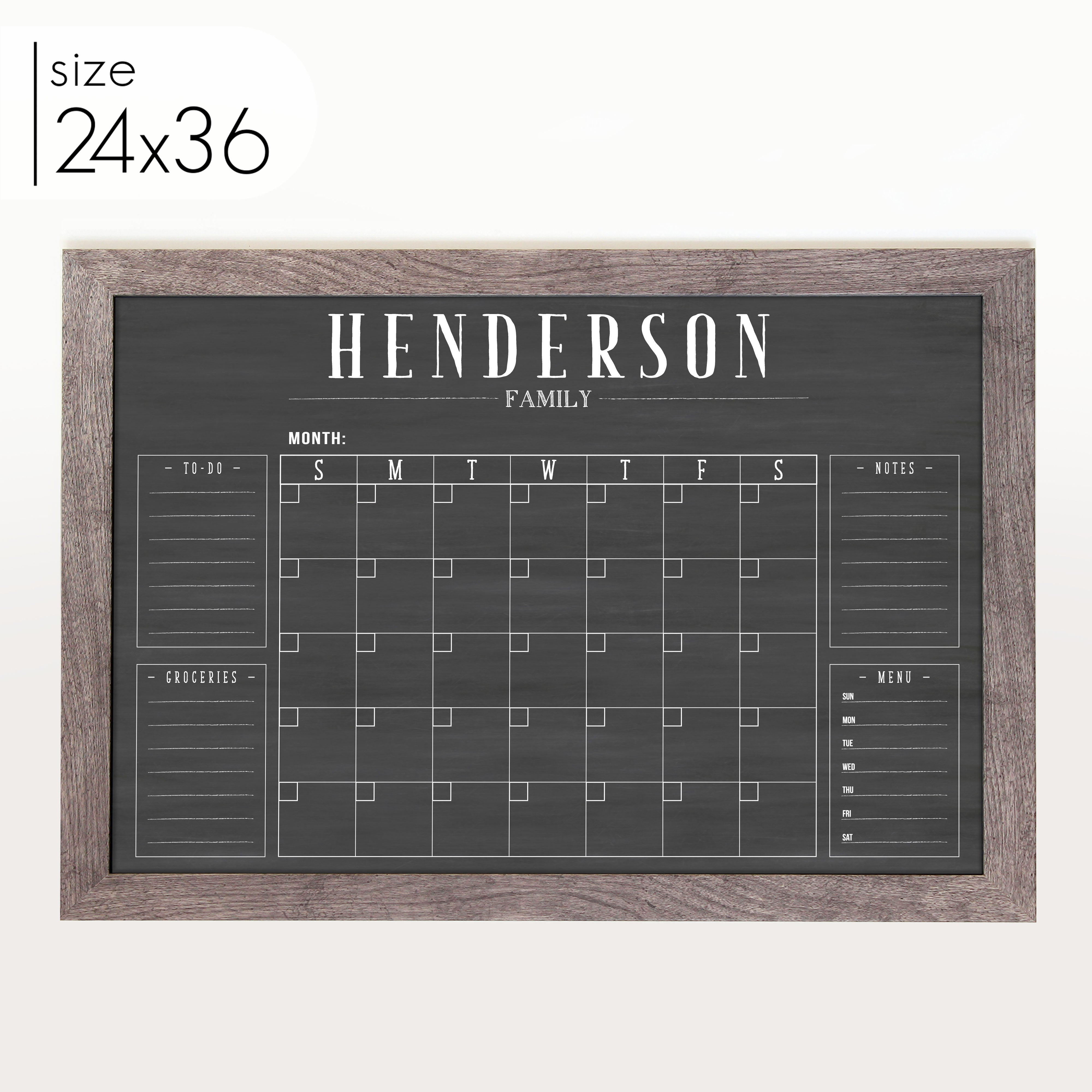 Monthly Framed Chalkboard Calendar + 4 sections | Horizontal Swanson