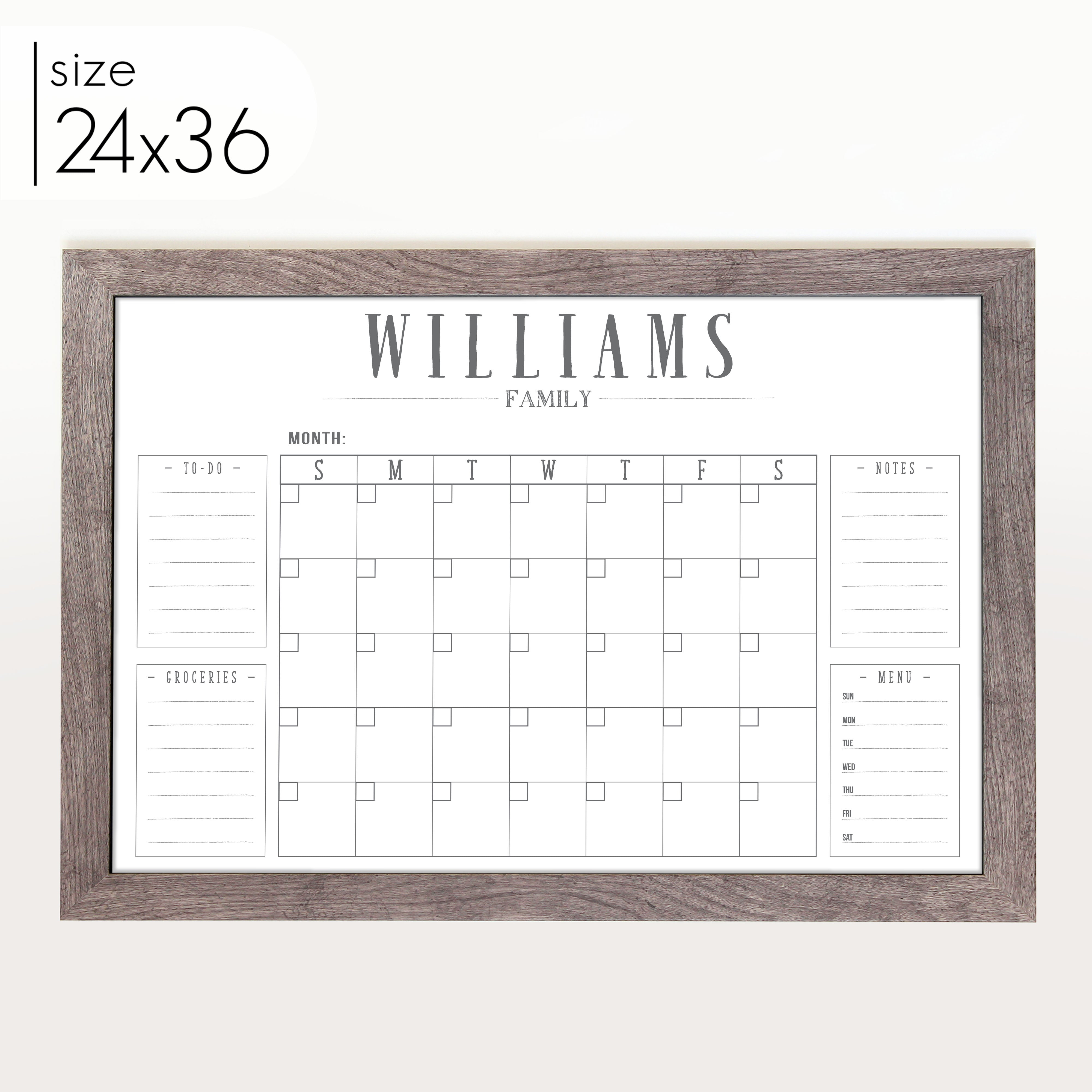 Monthly Framed Whiteboard Calendar + 4 sections | Horizontal Swanson