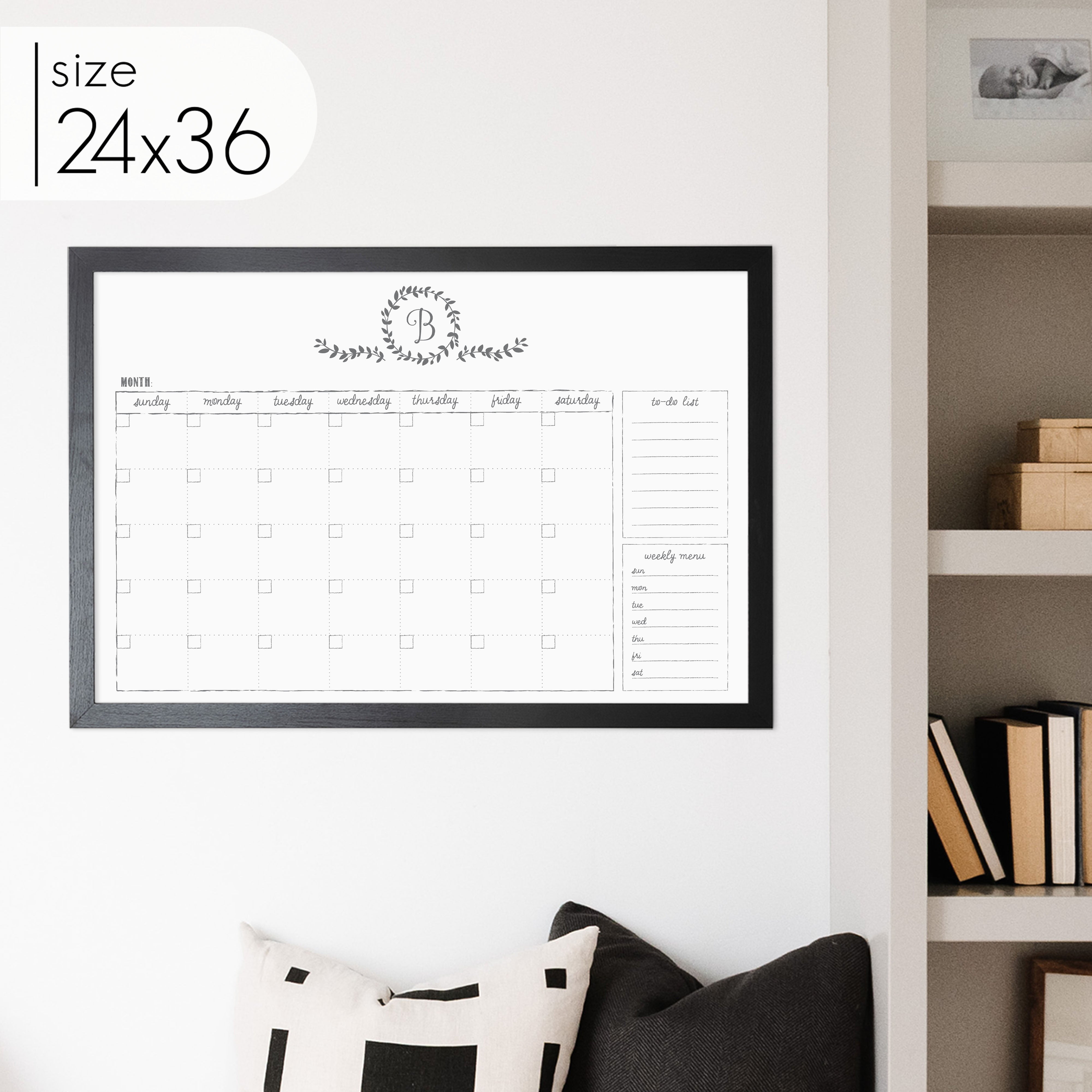 Monthly Framed Whiteboard Calendar + 2 sections | Horizontal Donna