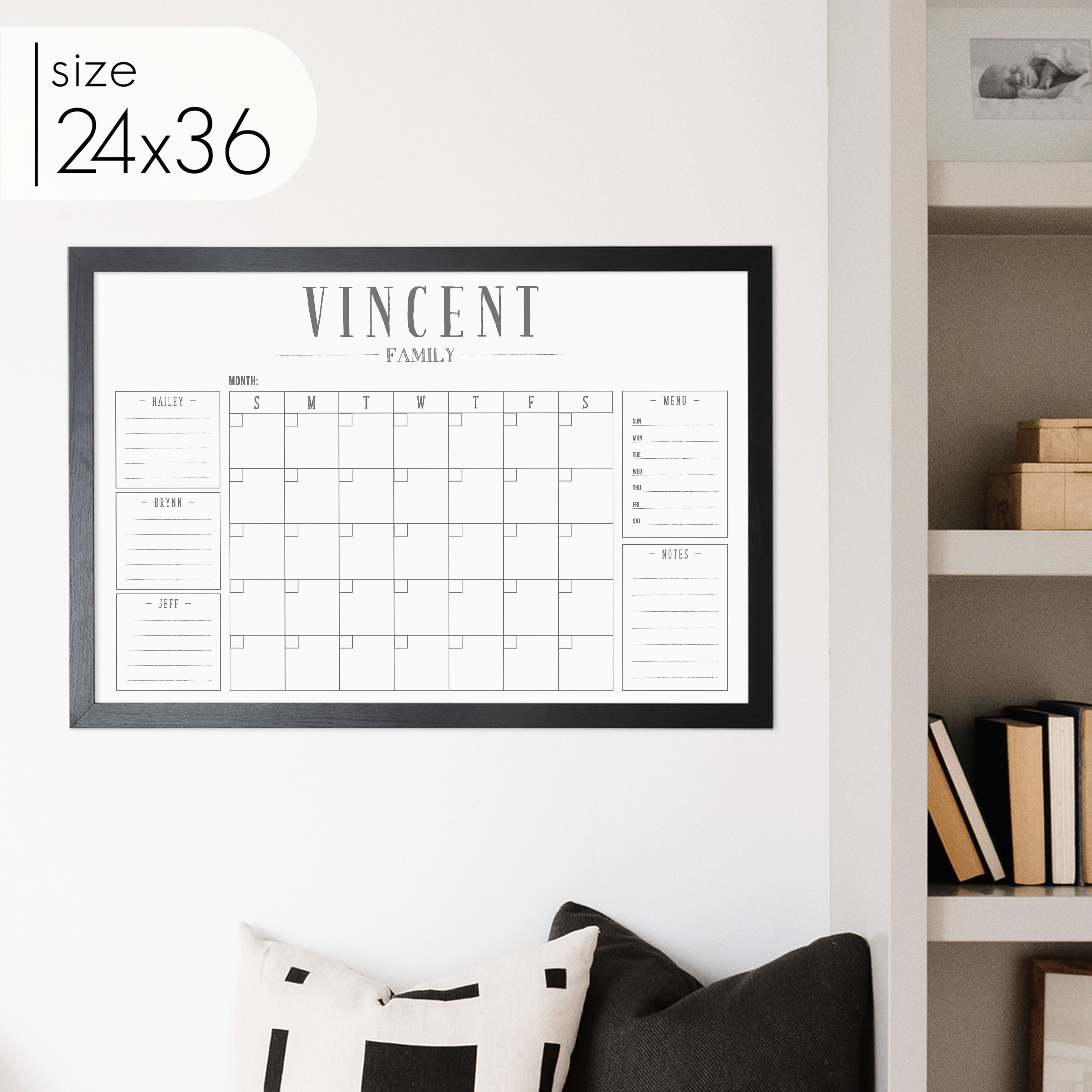 Monthly Framed Whiteboard Calendar + 5 sections | Horizontal Swanson