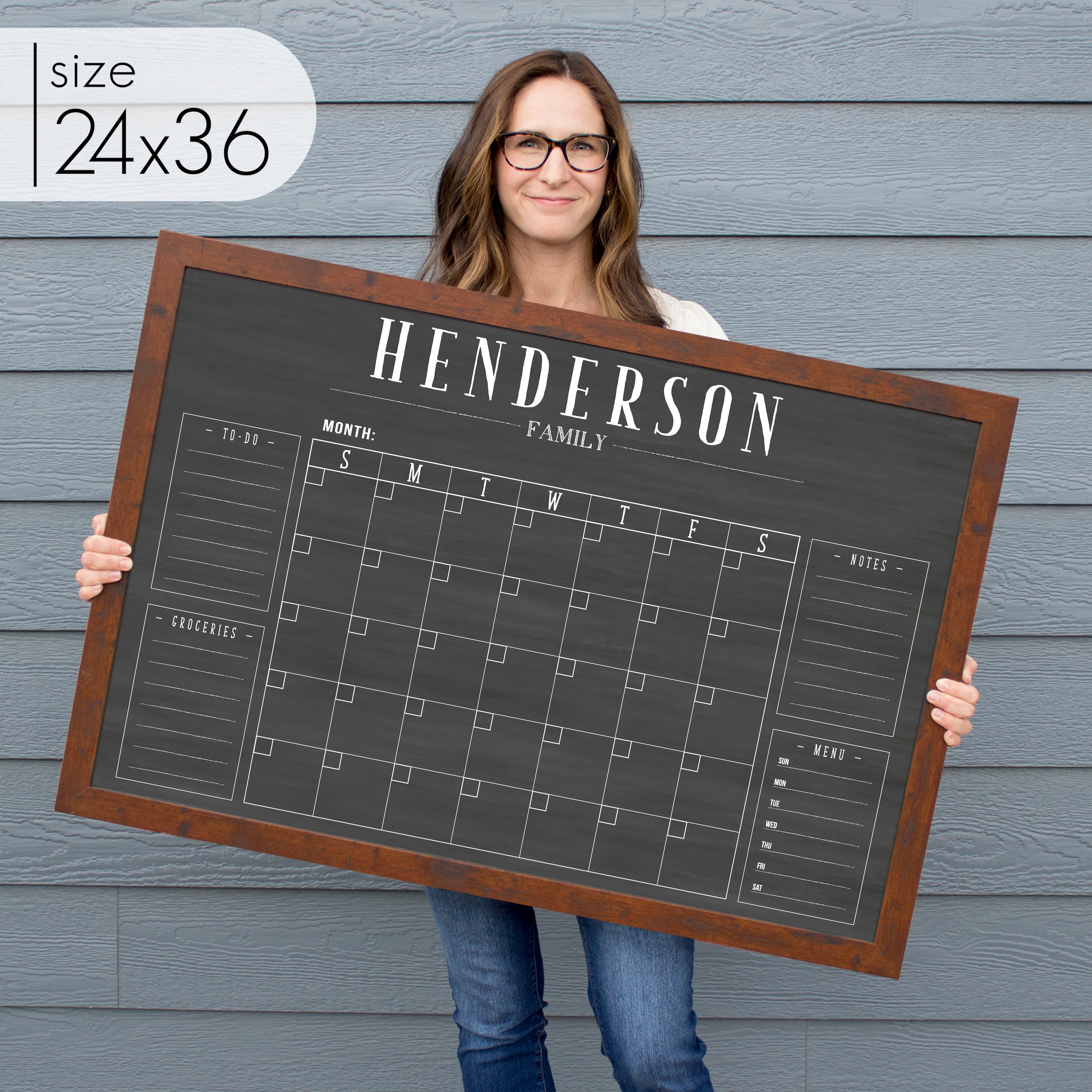 Monthly Framed Chalkboard Calendar + 4 sections | Horizontal Swanson