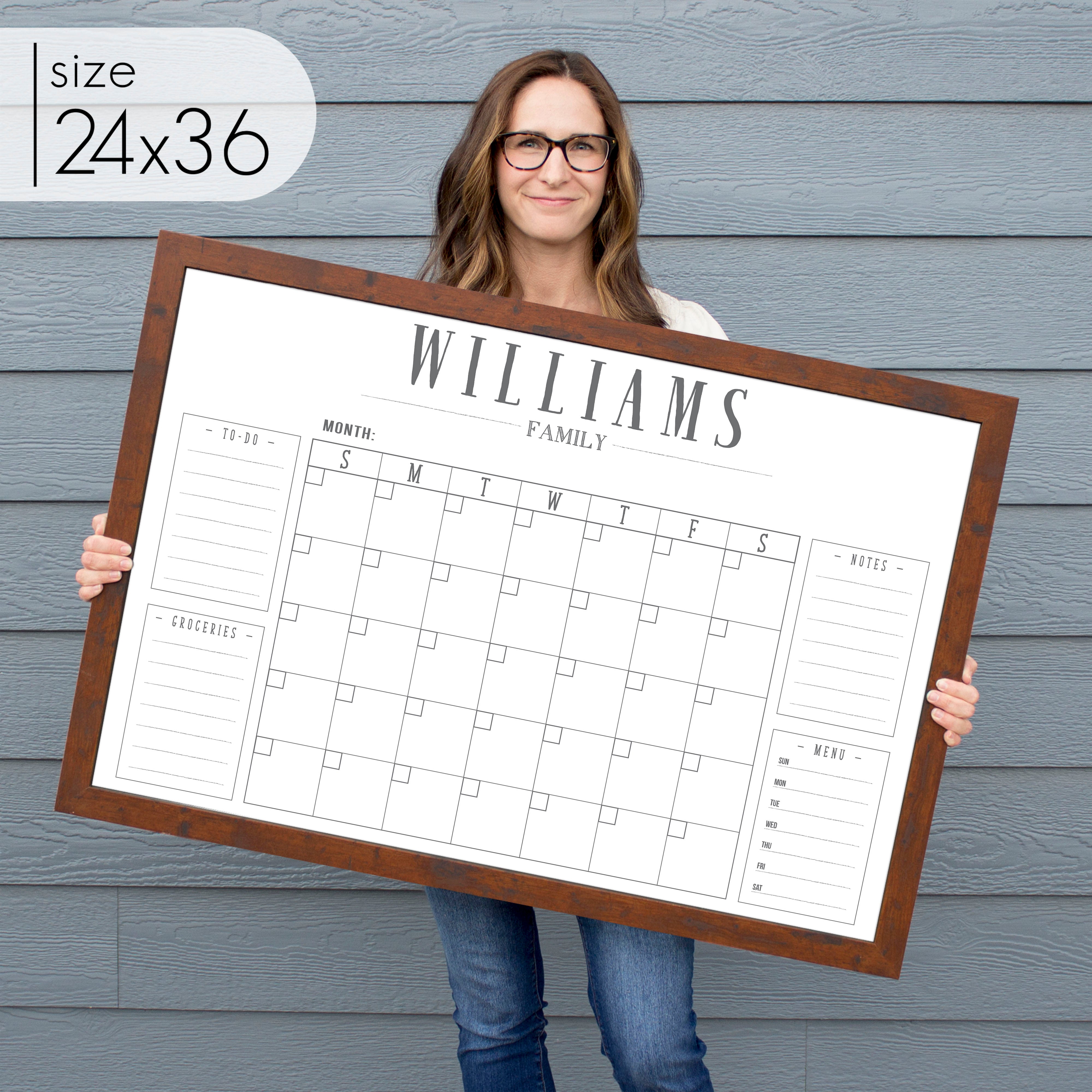 Monthly Framed Whiteboard Calendar + 4 sections | Horizontal Swanson