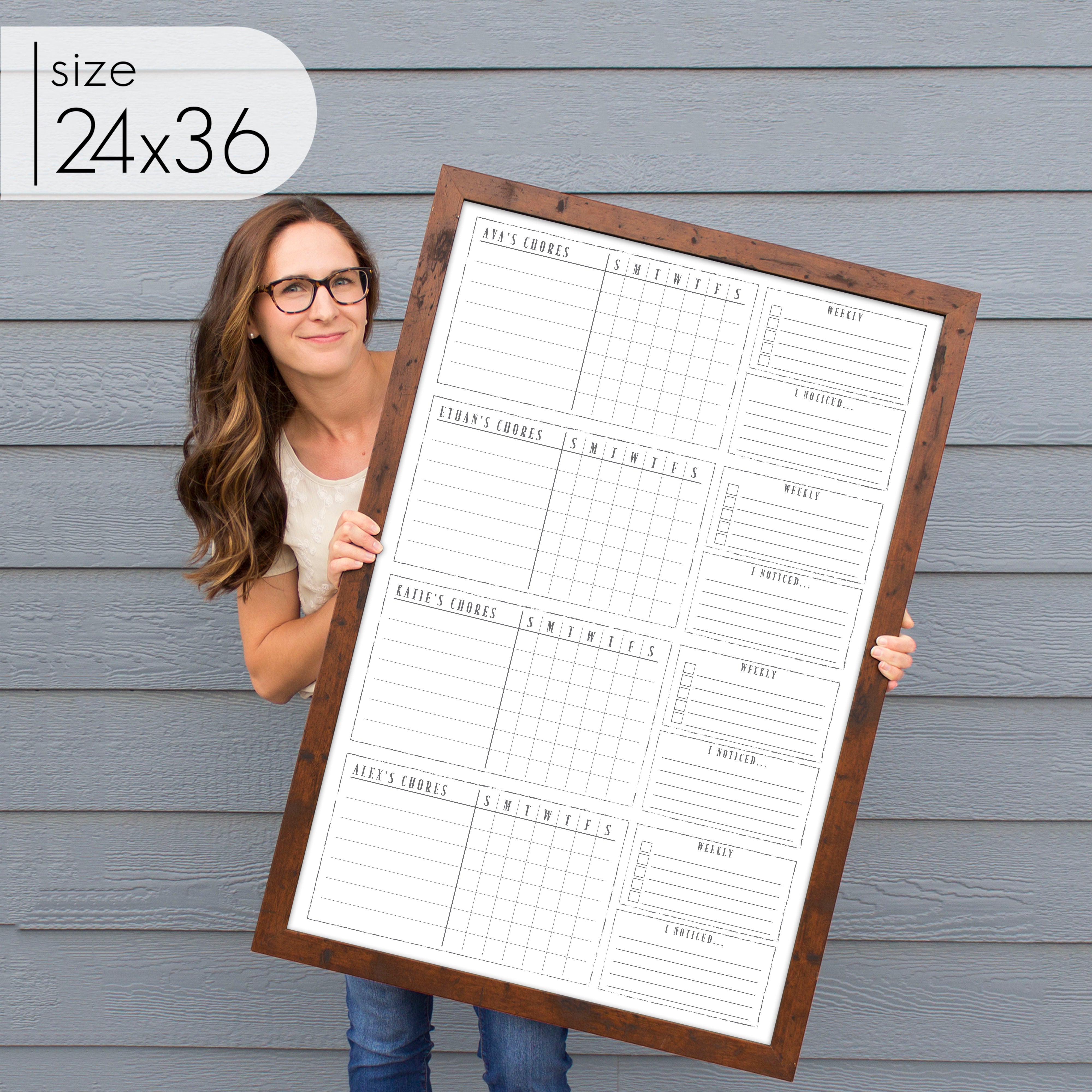 4 Person Framed Whiteboard Chore Chart  | Vertical Swanson