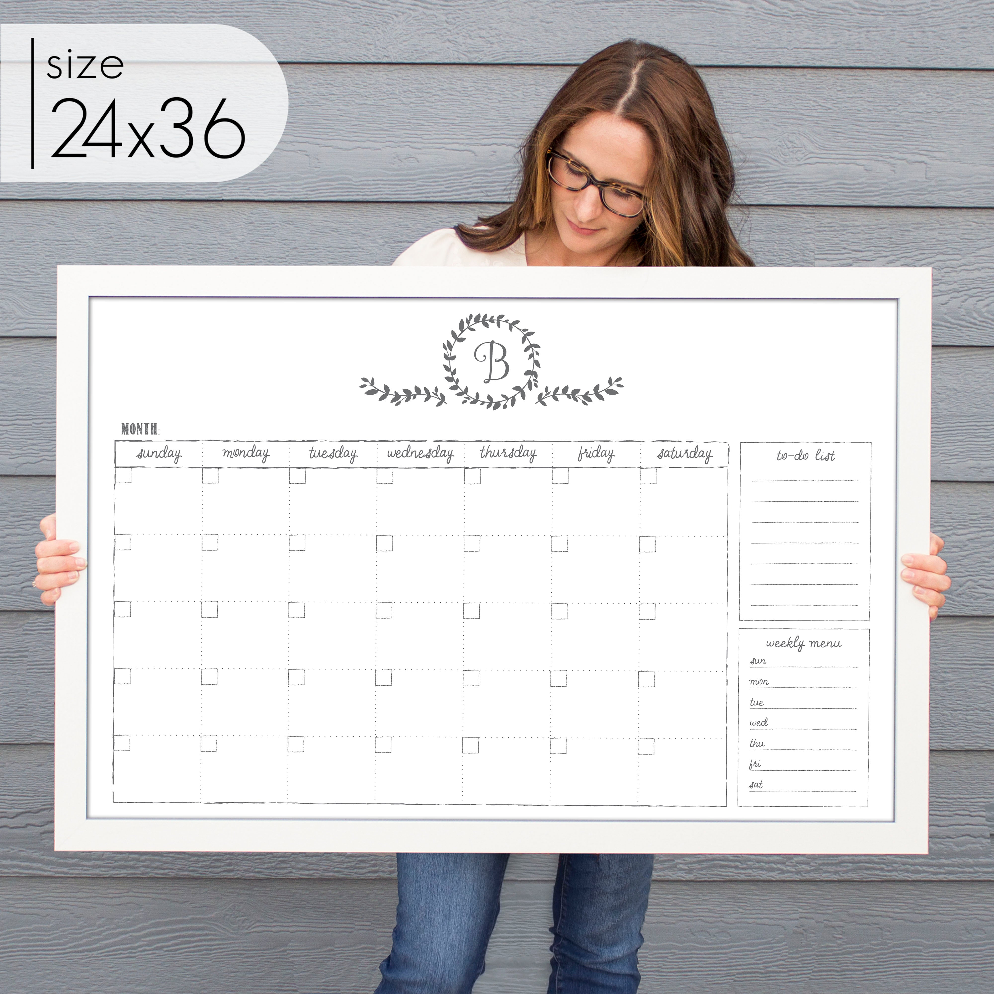 Monthly Framed Whiteboard Calendar + 2 sections | Horizontal Donna