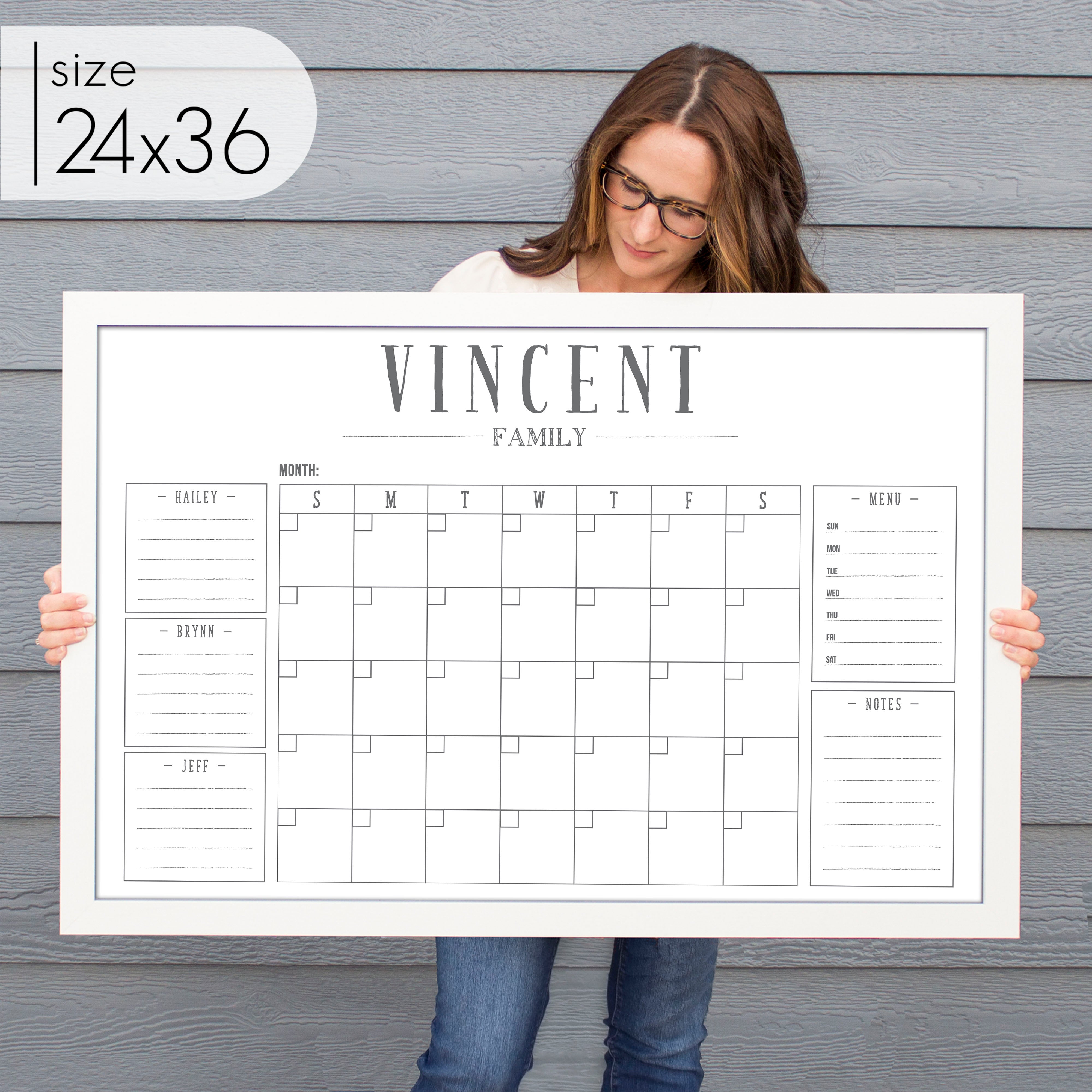 Monthly Framed Whiteboard Calendar + 5 sections | Horizontal Swanson