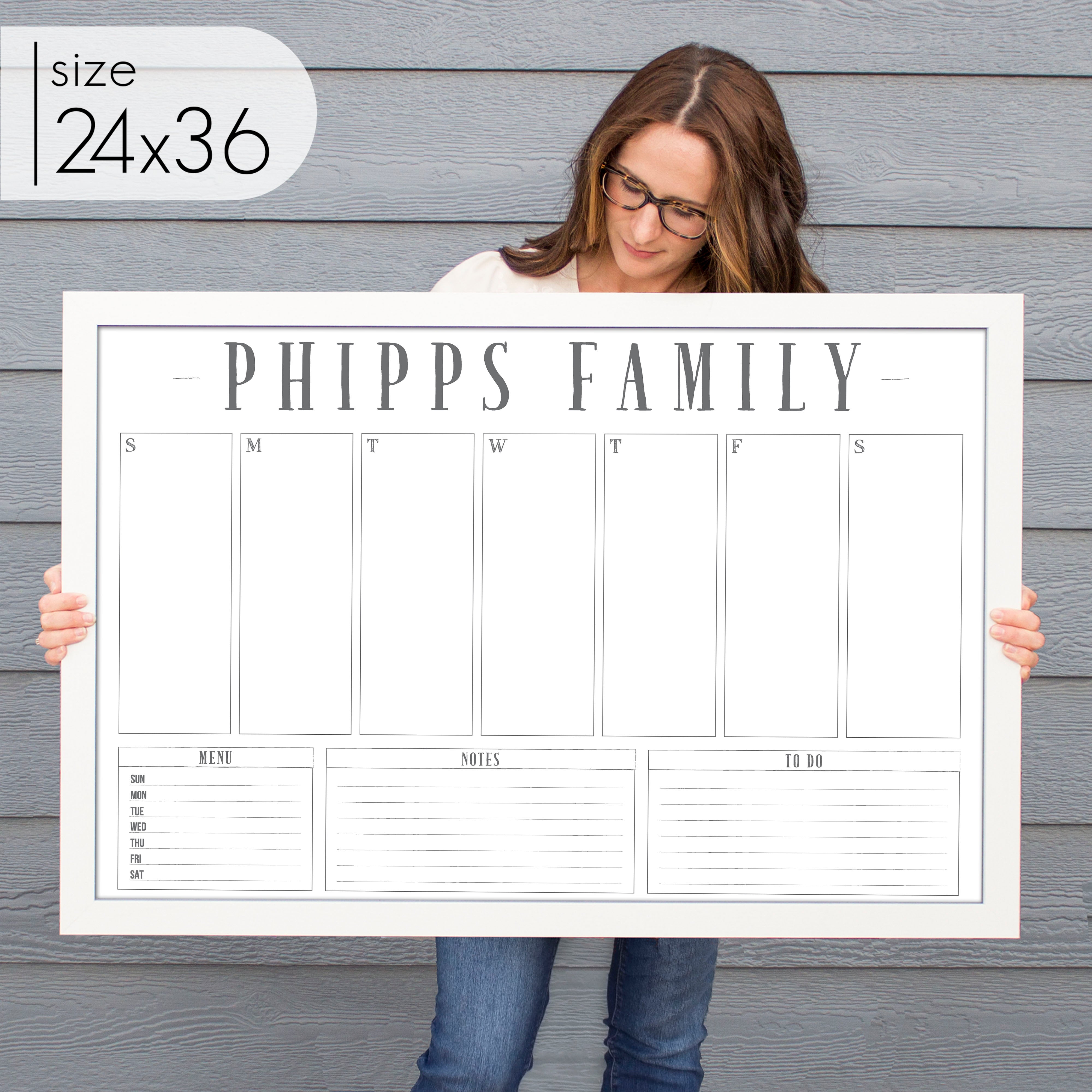 Weekly Framed Whiteboard Calendar + 3 sections | Horizontal Swanson