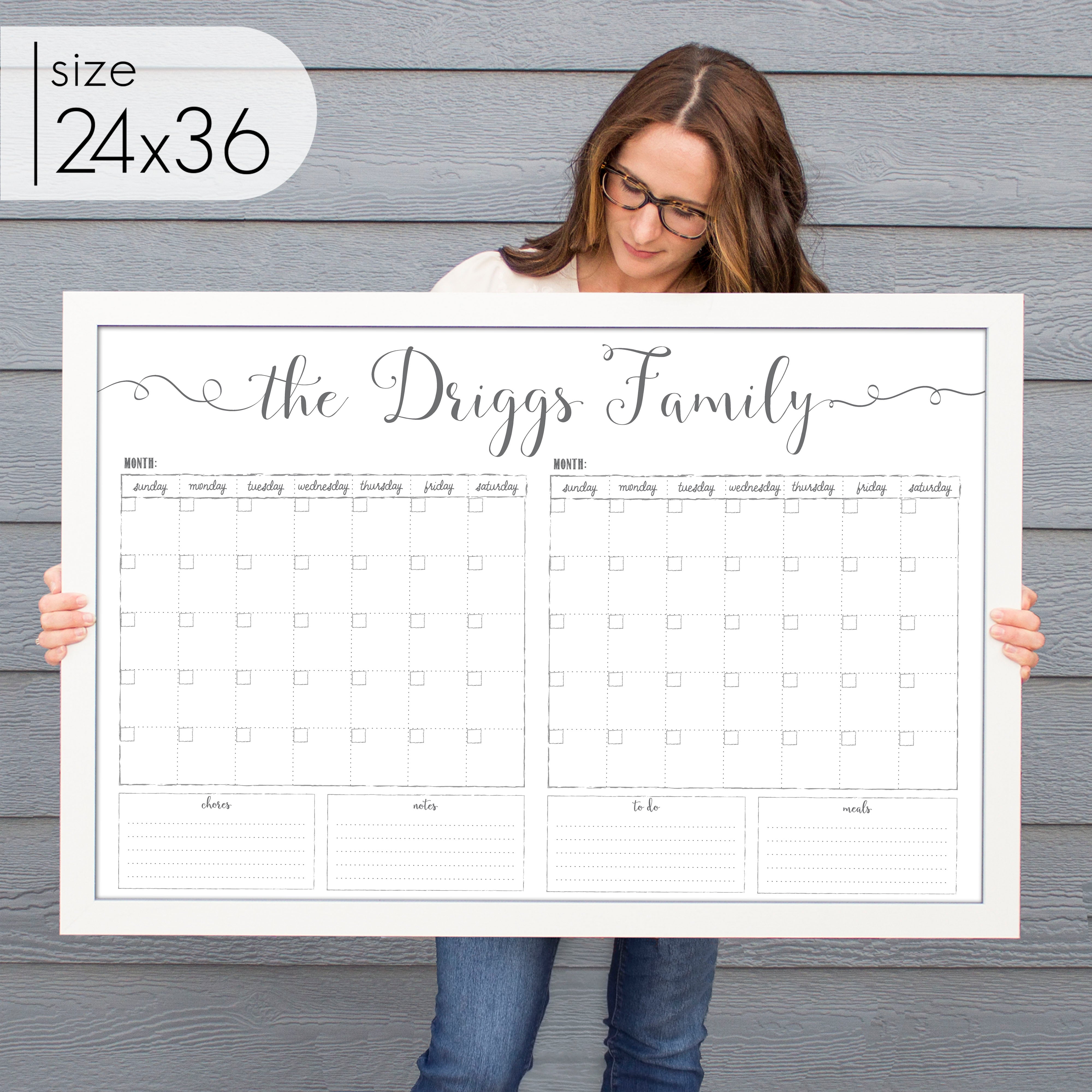 2 Month Framed Whiteboard Calendar + 4 sections | Horizontal Knope