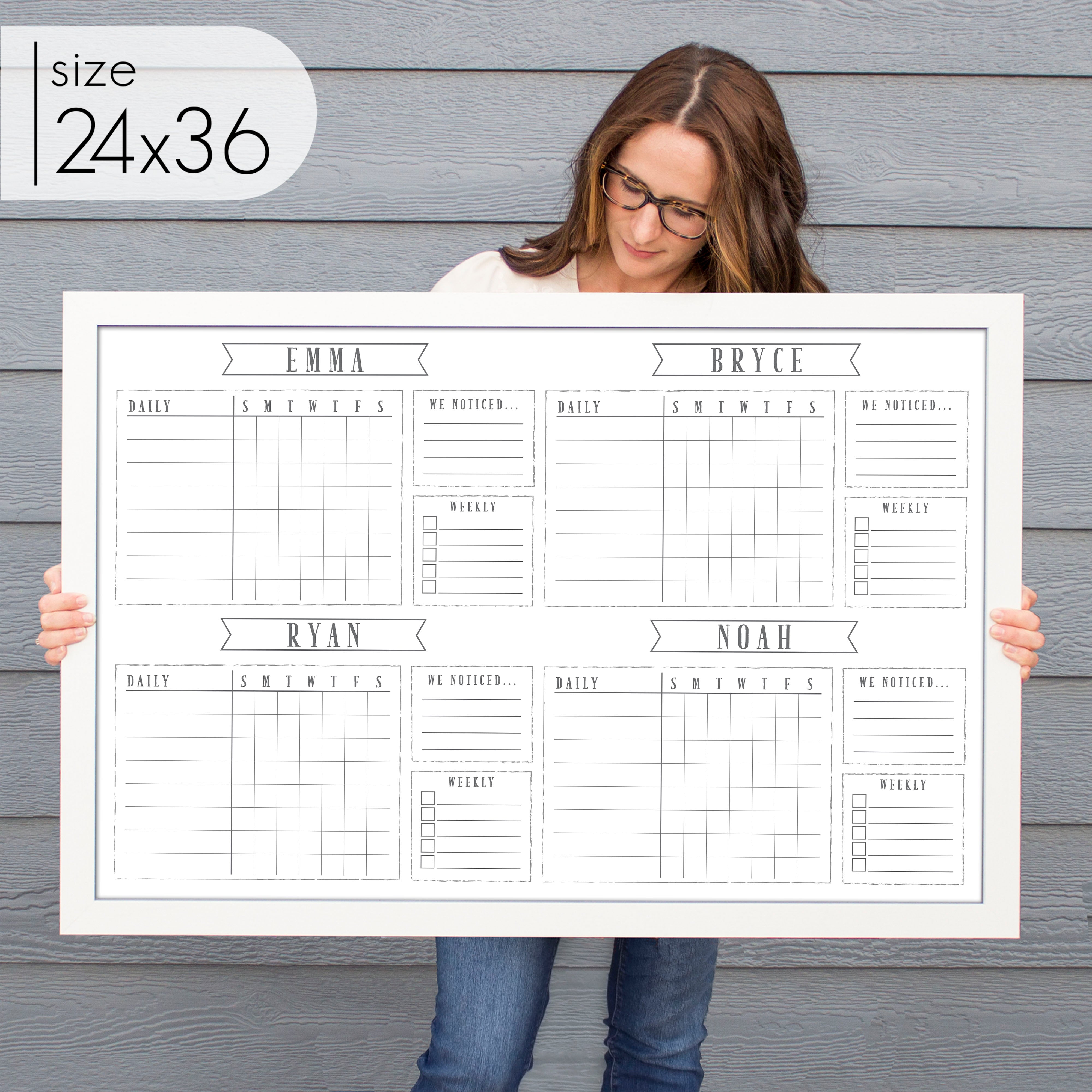 4 Person Framed Chore Chart Whiteboard | Horizontal Swanson