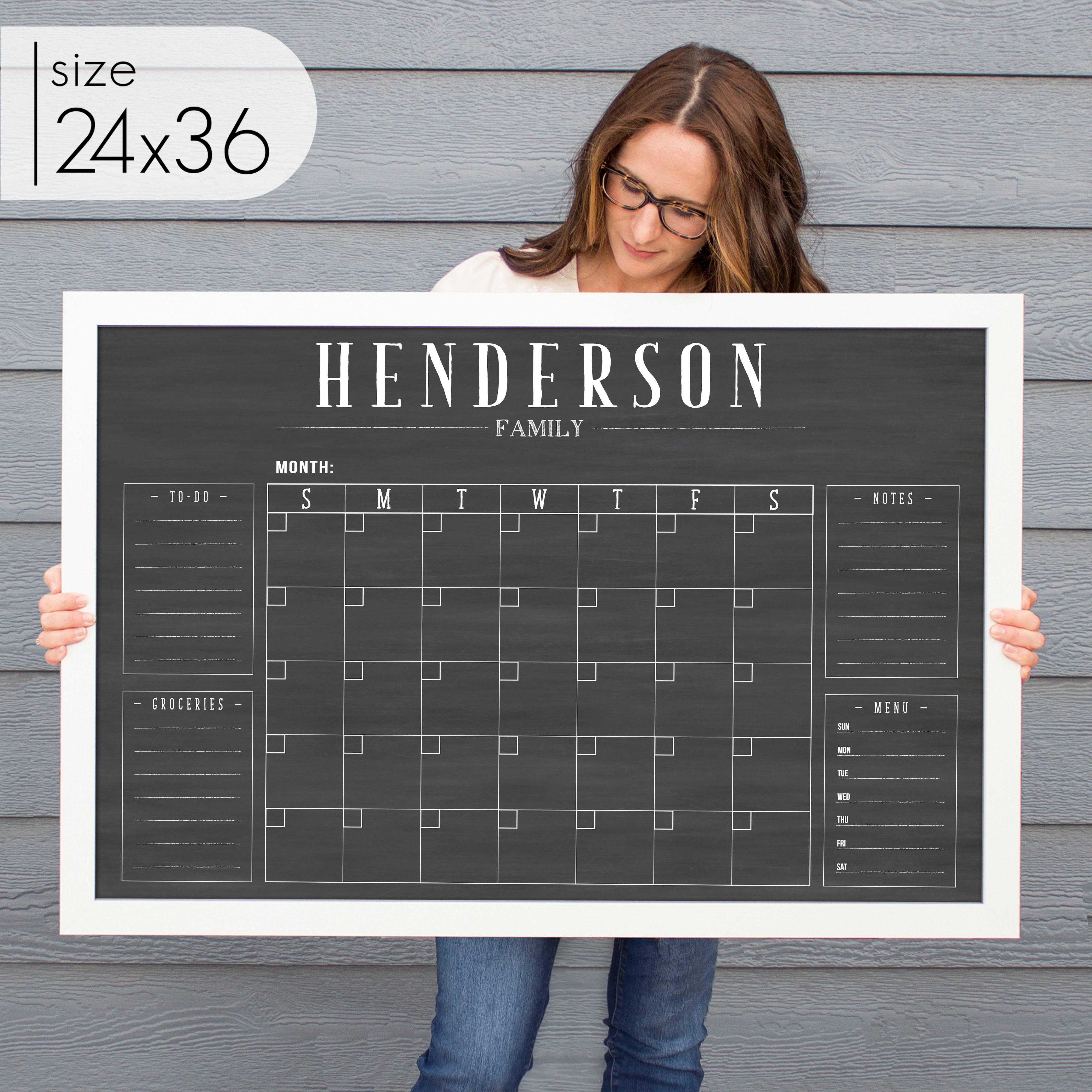 Monthly Framed Chalkboard Calendar + 4 sections | Horizontal Swanson