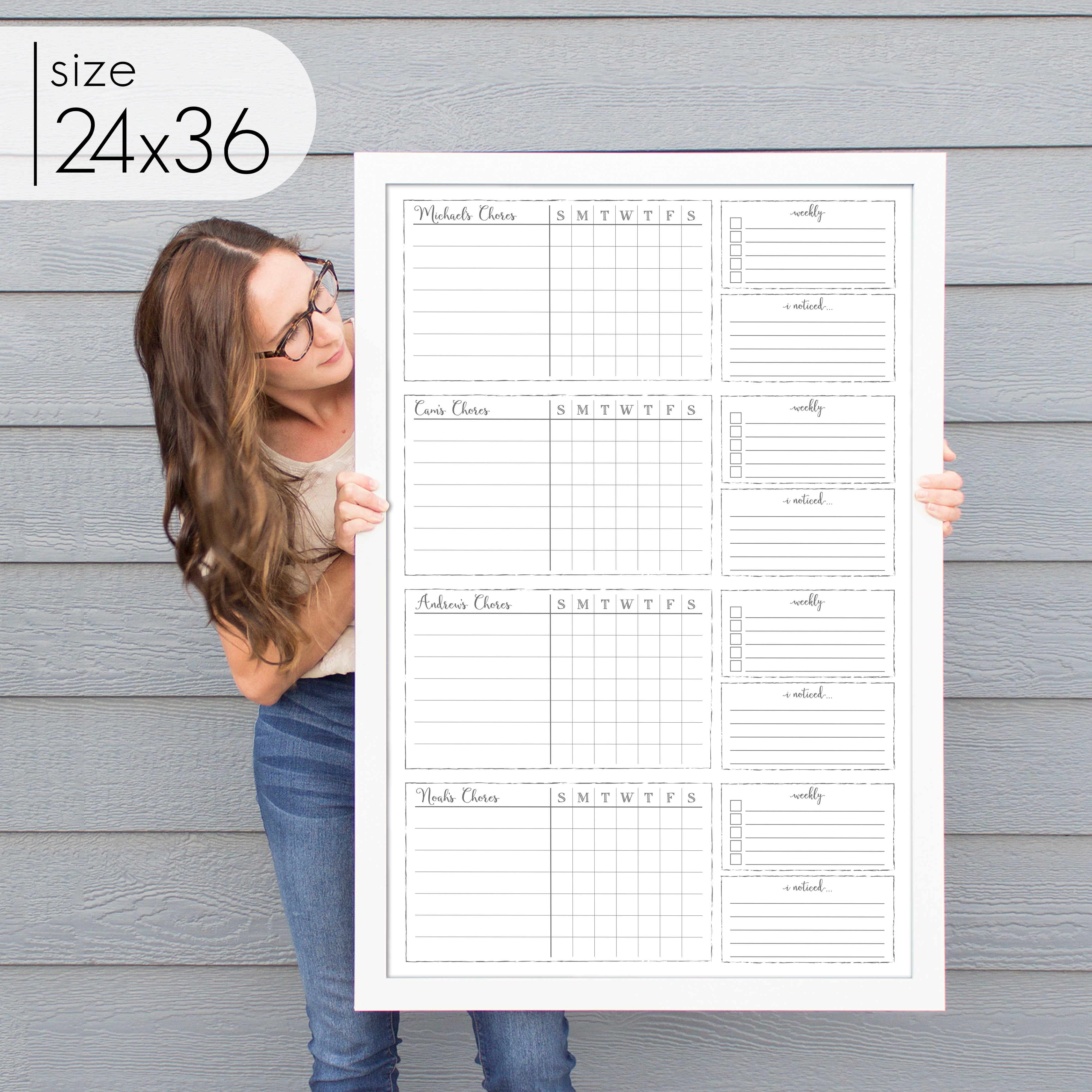 4 Person Framed Whiteboard Chore Chart  | Vertical Knope