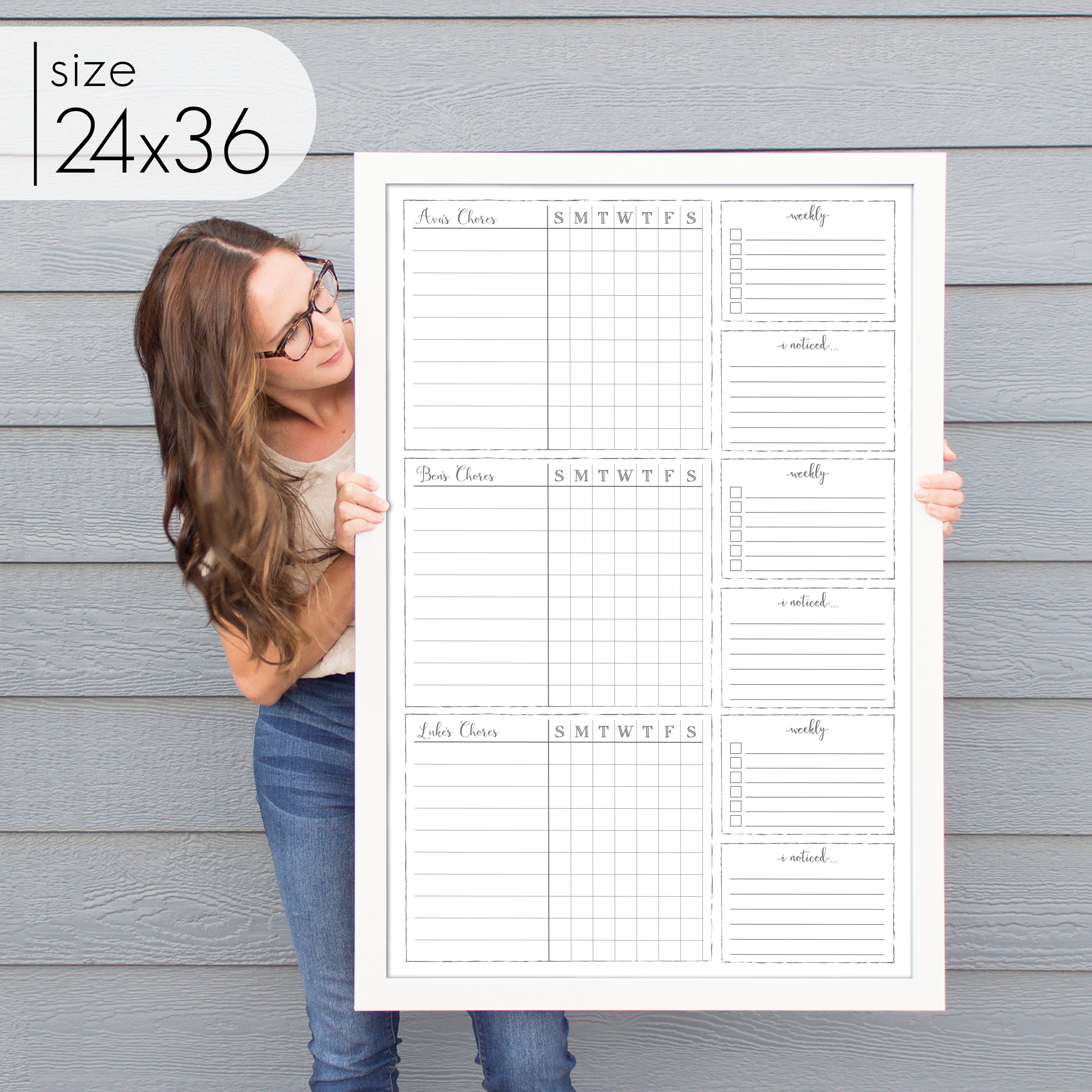 3 Person Framed Whiteboard Chore Chart  | Vertical Knope