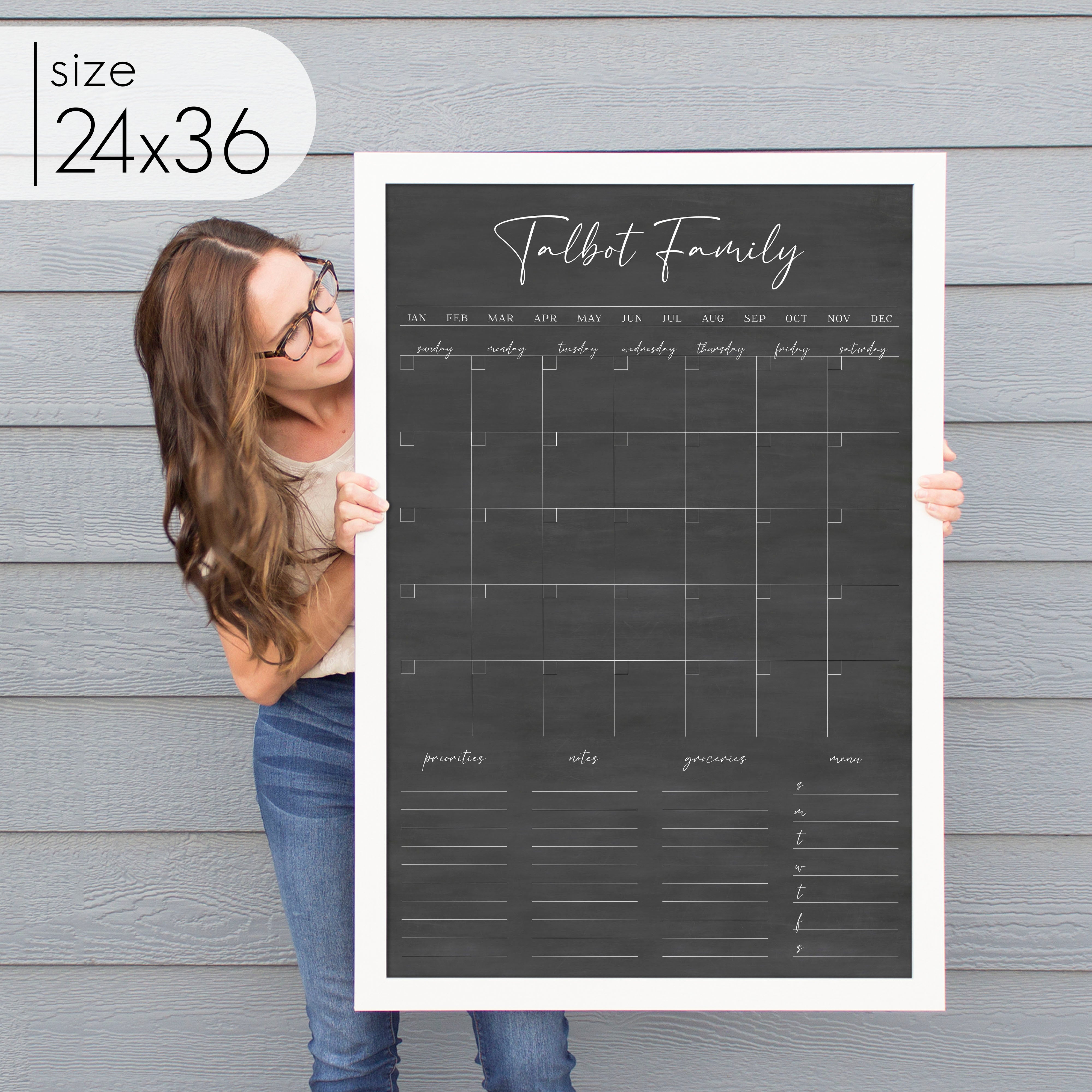 Monthly Framed Chalkboard Calendar + 4 sections | Vertical Pennington