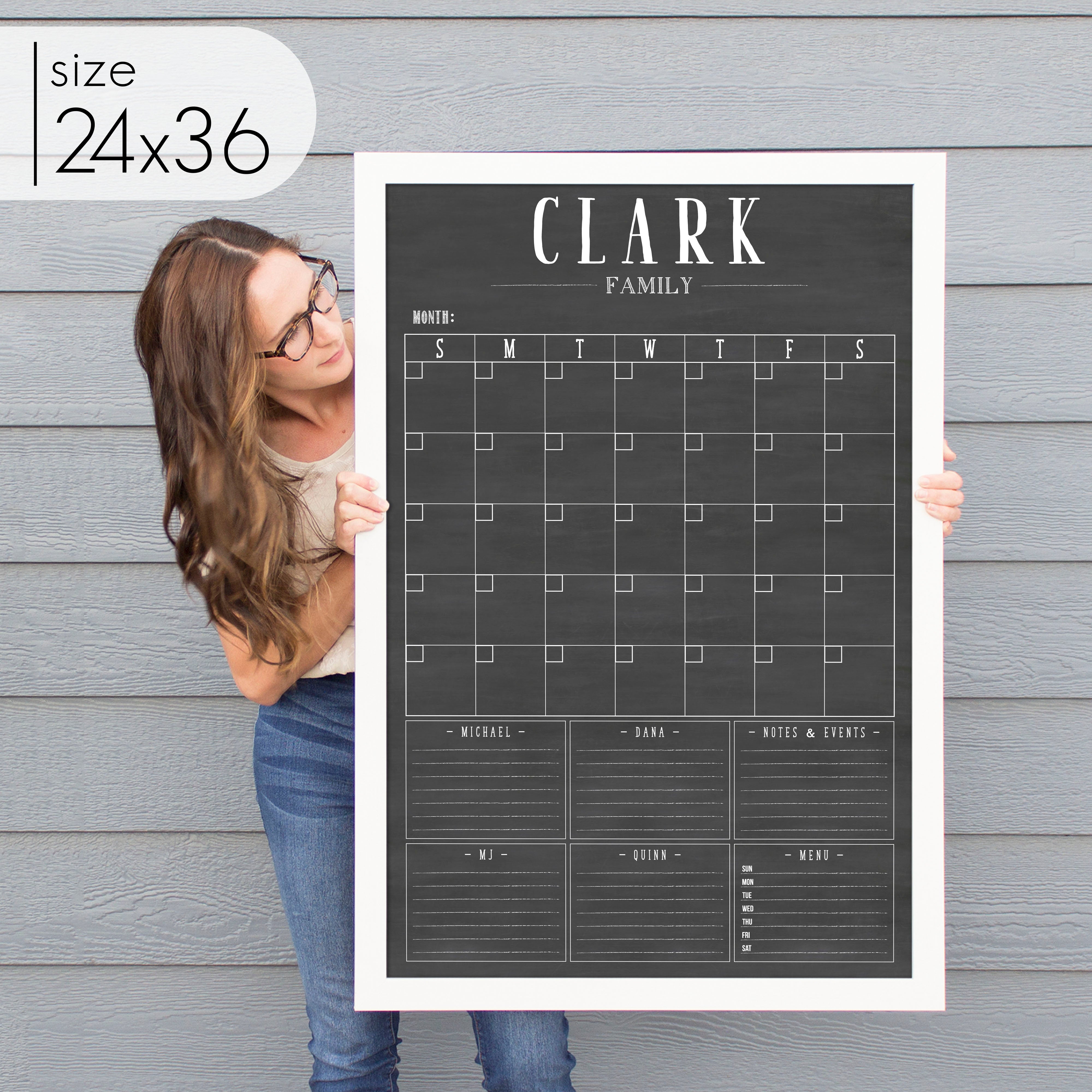 Monthly Framed Chalkboard Calendar + 6 sections | Vertical Swanson