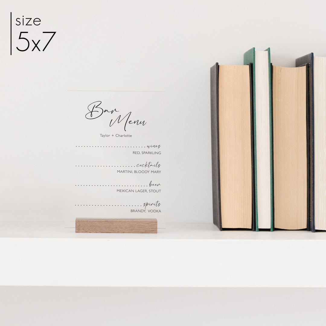 Clear Acrylic Bar Menu Sign | Vertical Olivia