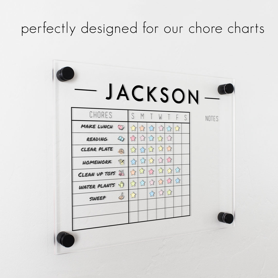 a chore list chart with stickers and dry-erase chores written on it