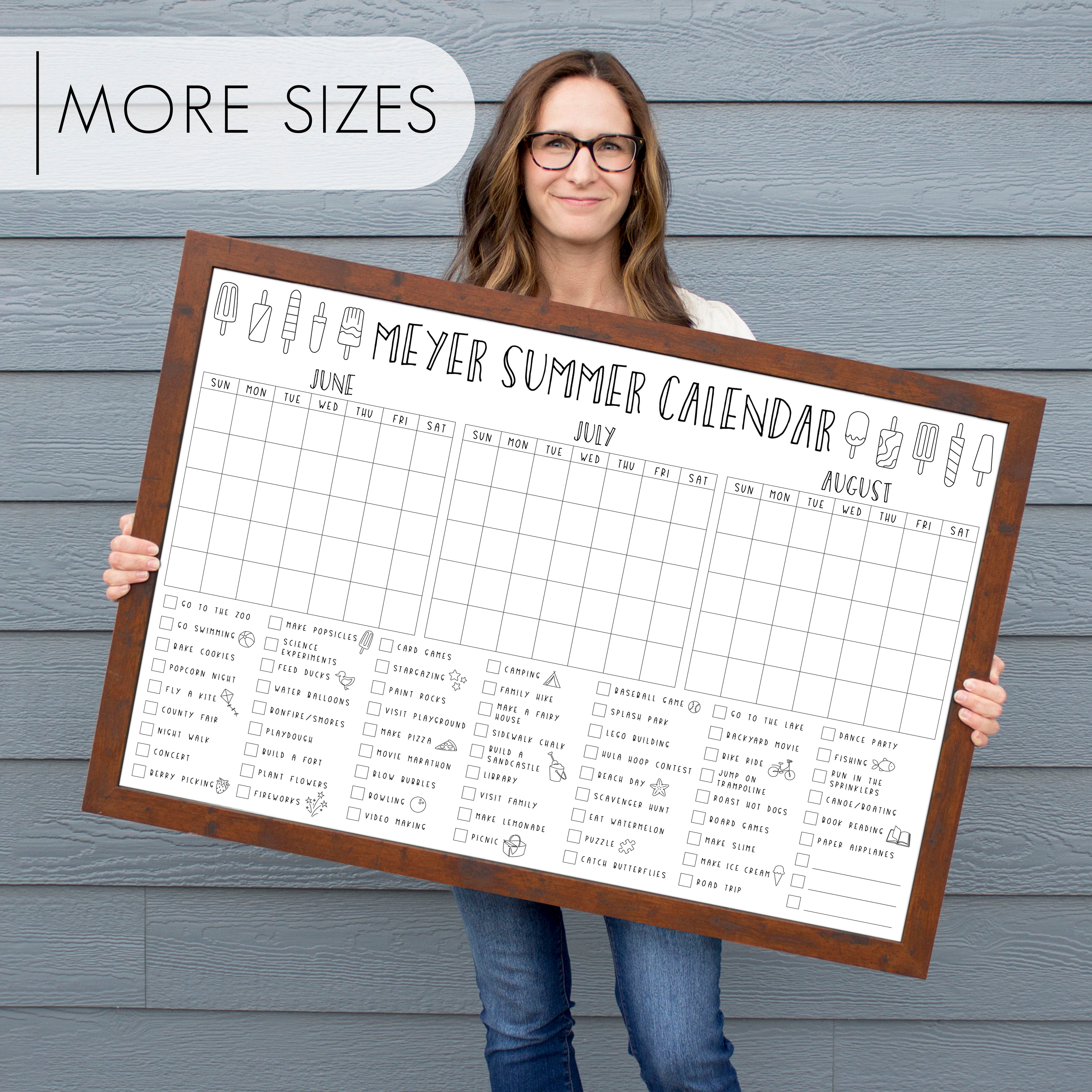 Framed 3 Month Summer Bucket List Calendar | Horizontal Popsicle