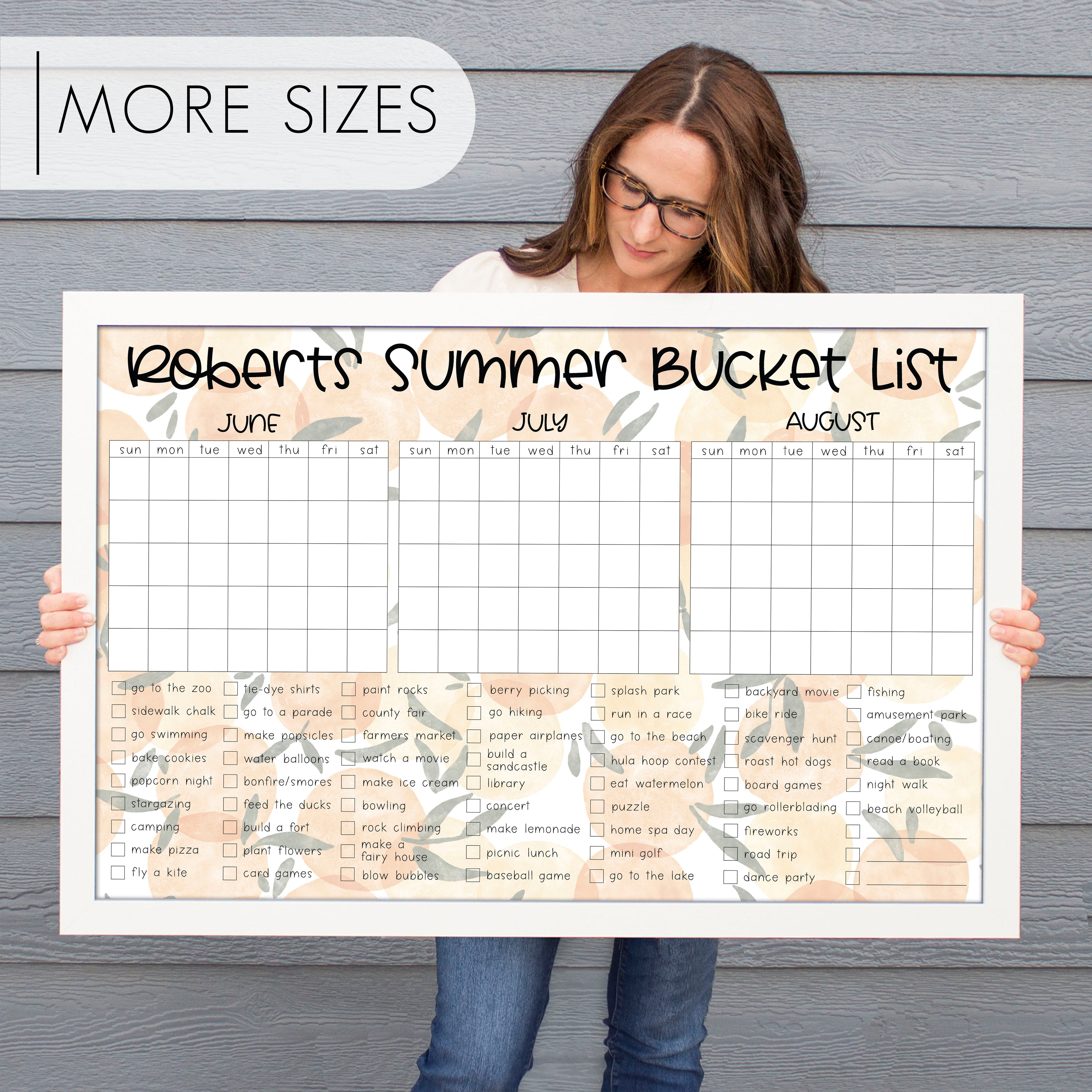 Framed 3 Month Summer Bucket List Calendar | Horizontal Oranges