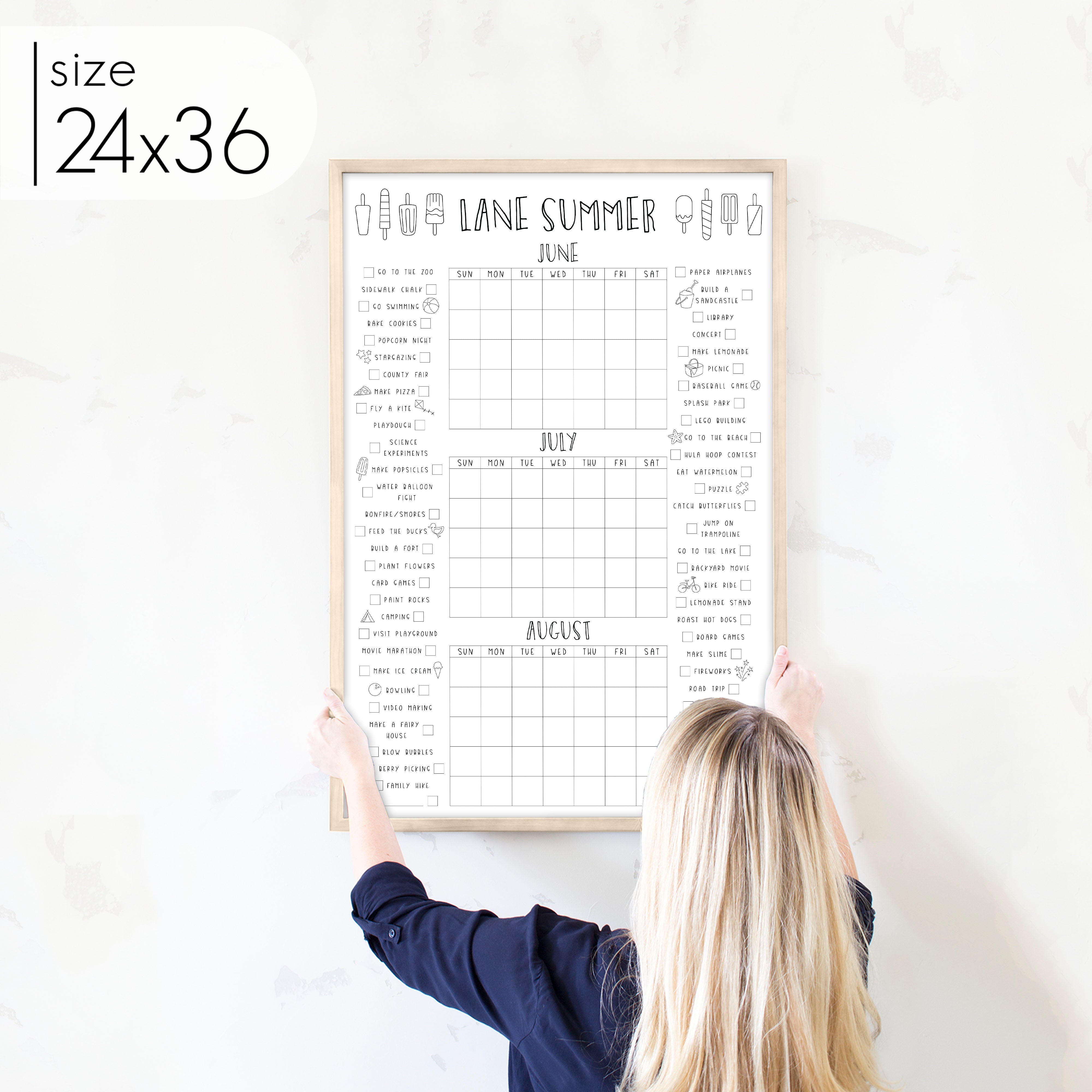 Framed 3 Month Summer Bucket List Calendar | Vertical Popsicle