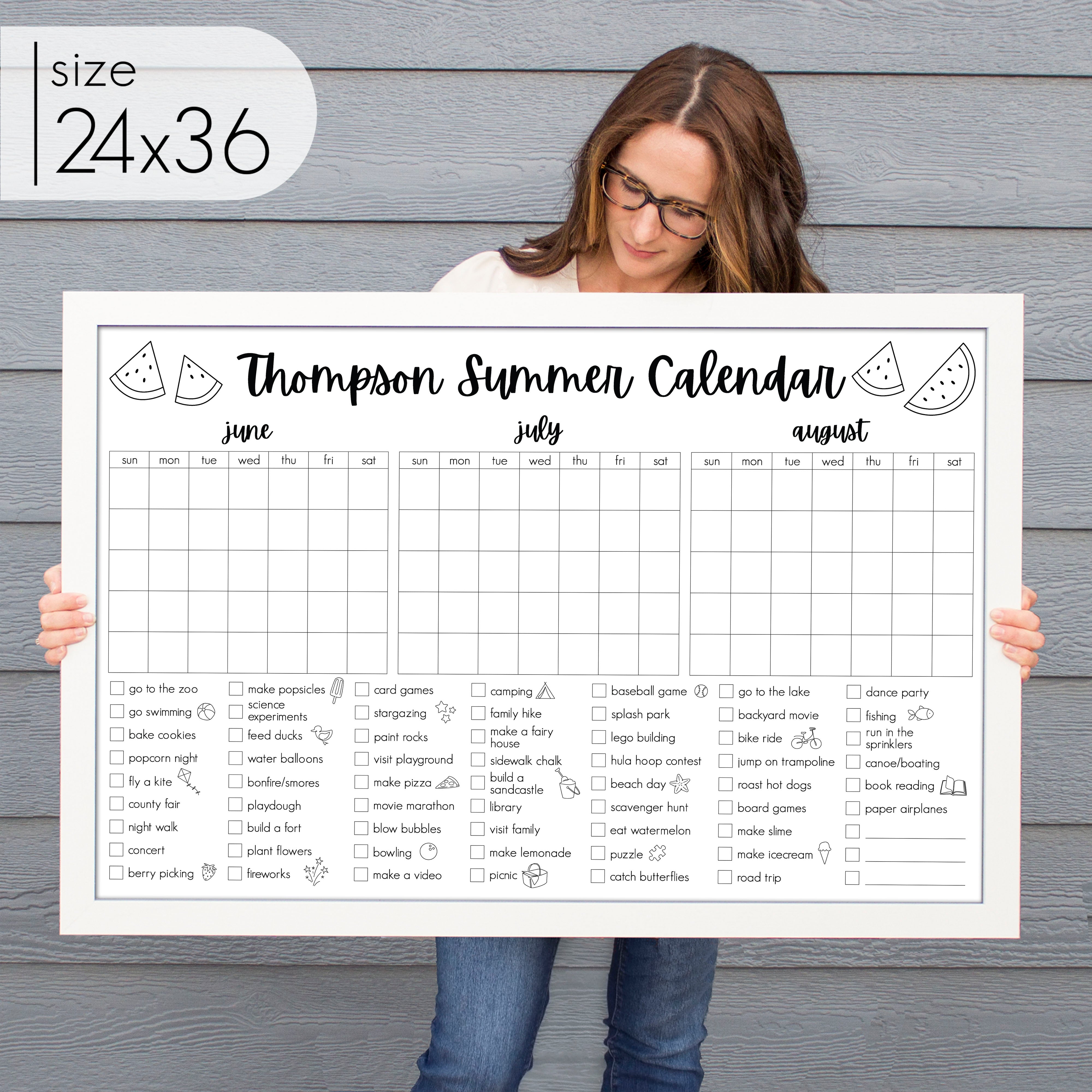 Framed 3 Month Summer Bucket List Calendar | Horizontal Watermelon