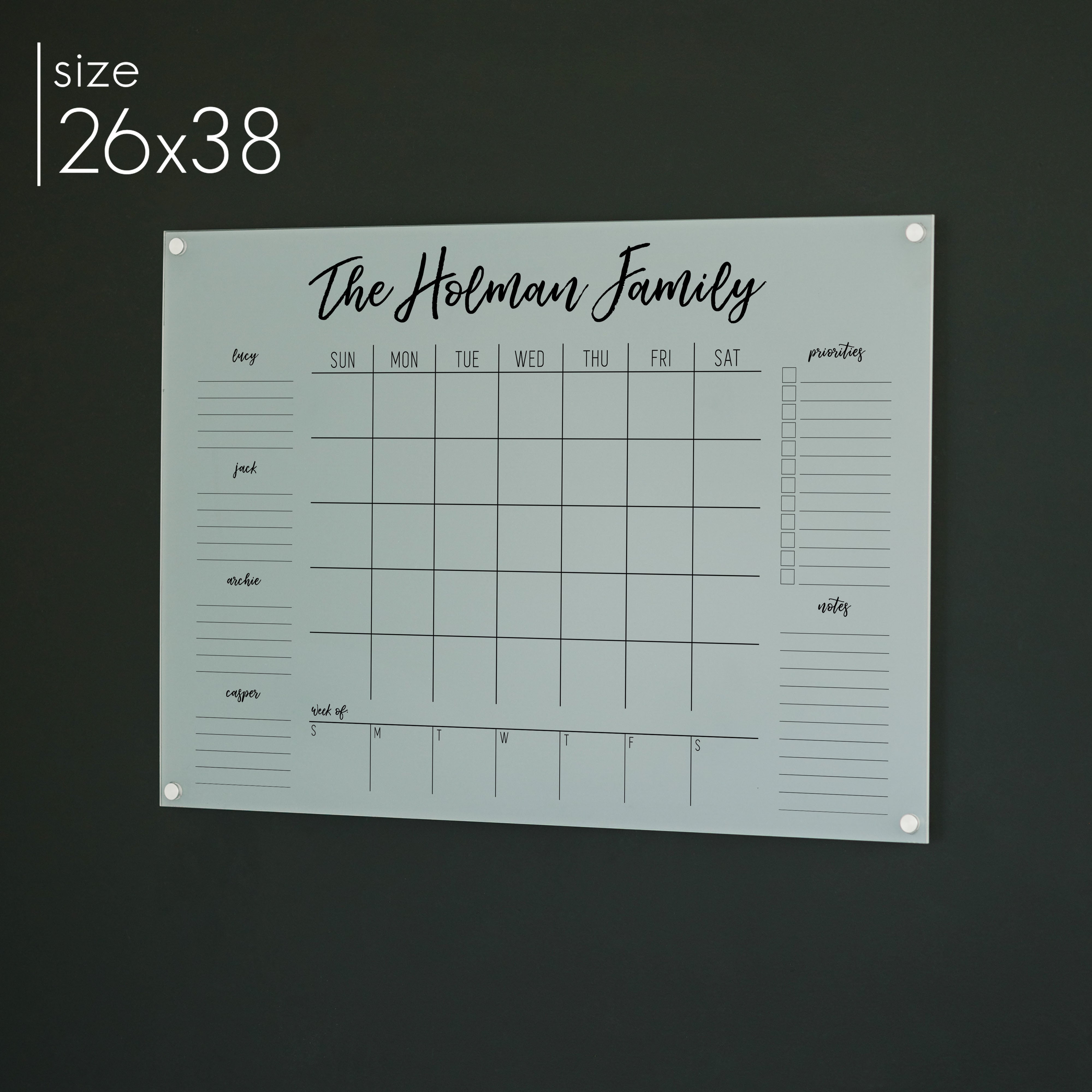 Week & Month Frosted Acrylic Calendar + 6 Sections | Horizontal Traeger