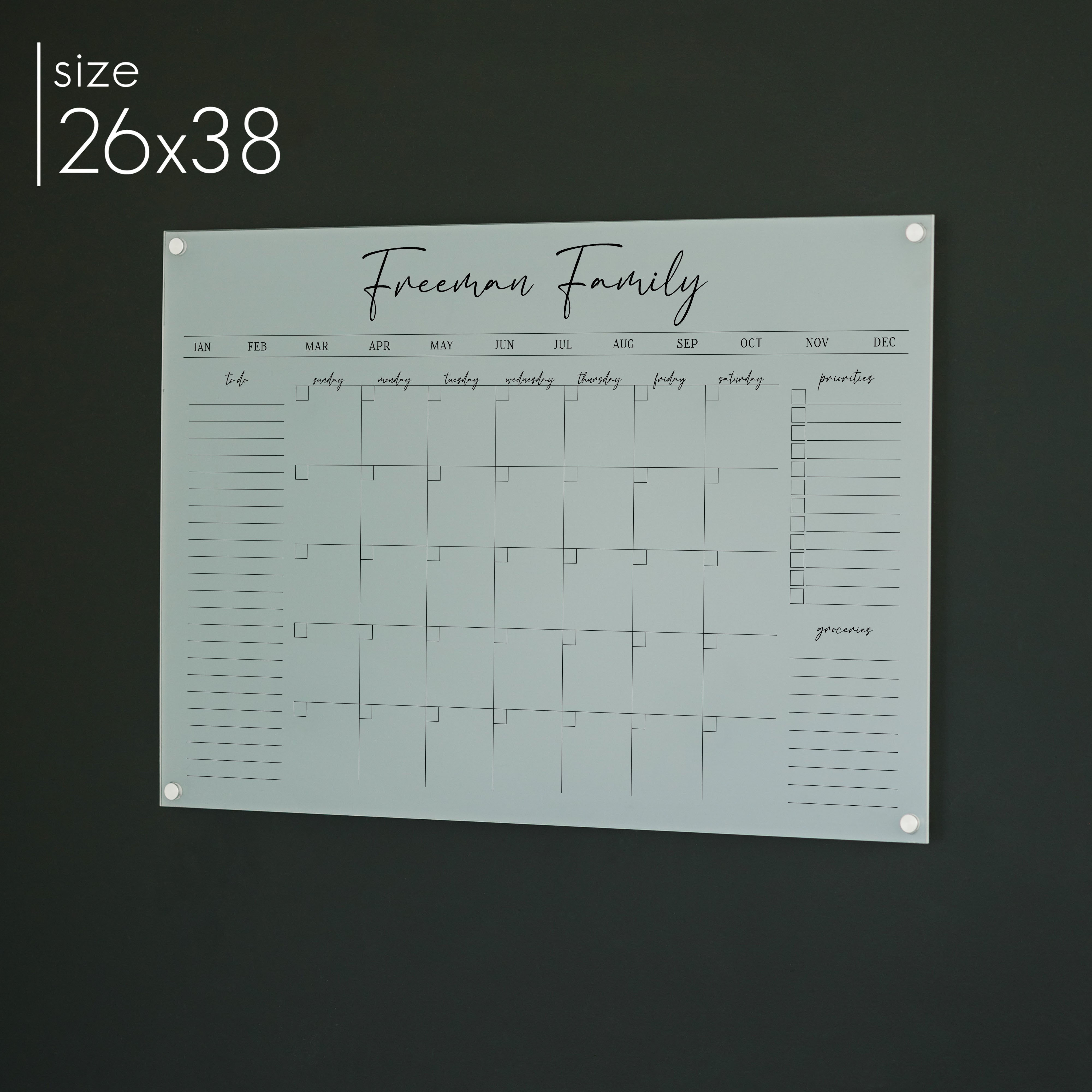 Monthly Frosted Acrylic Calendar + 3 Sections | Horizontal Pennington