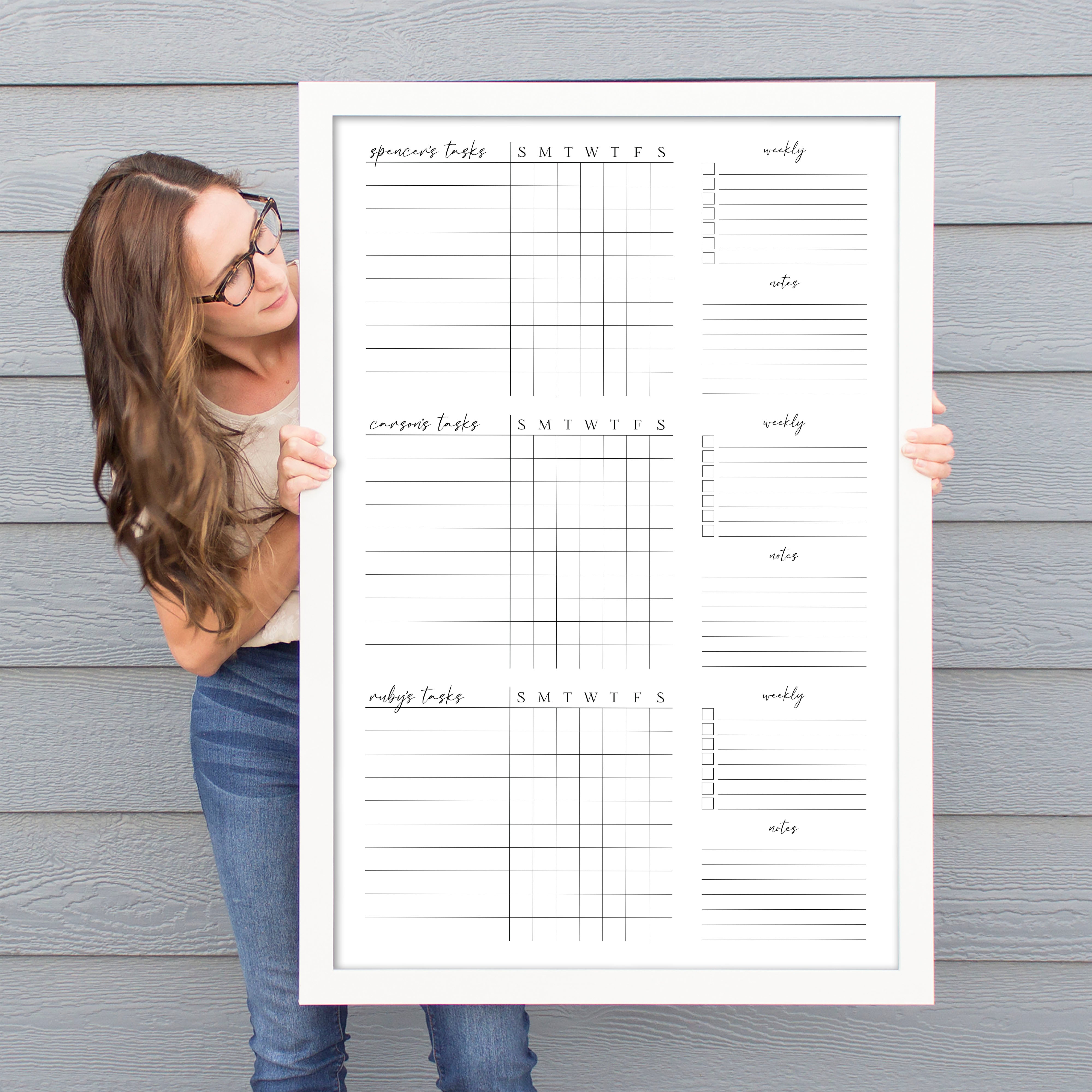 3 Person Framed Whiteboard Chore Chart  | Vertical Pennington