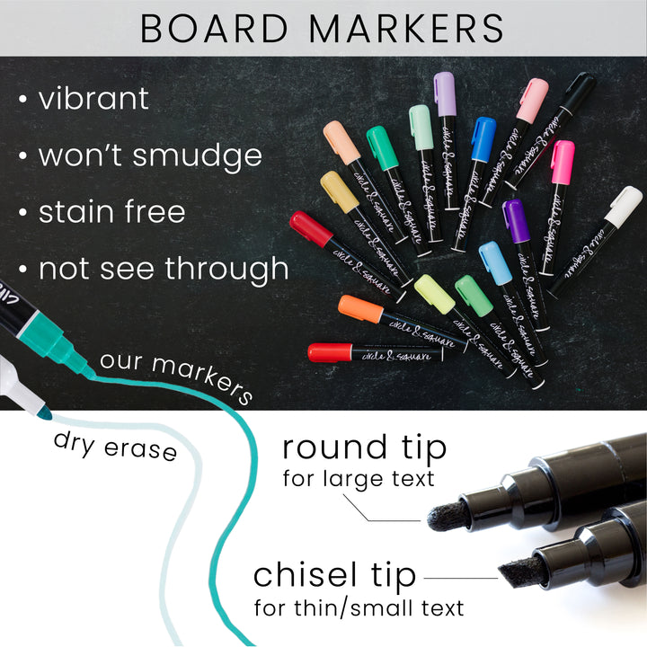 a graphic describing the benefits of circle and square chalk marker pens