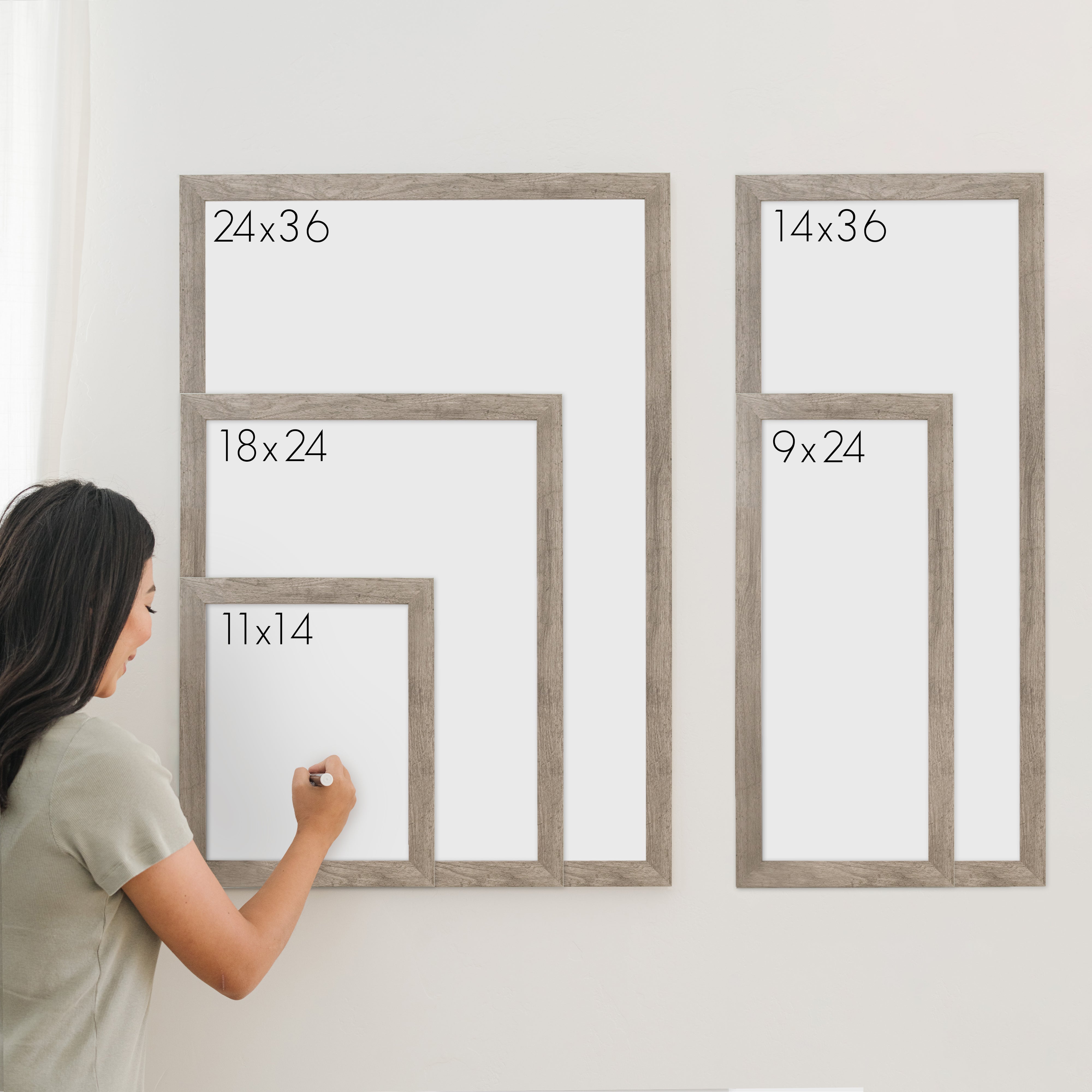 A size comparison chart displaying sizes 11x14, 18x24, and 24x34 on the left and sizes 9x24 and 14x36 on the right. 