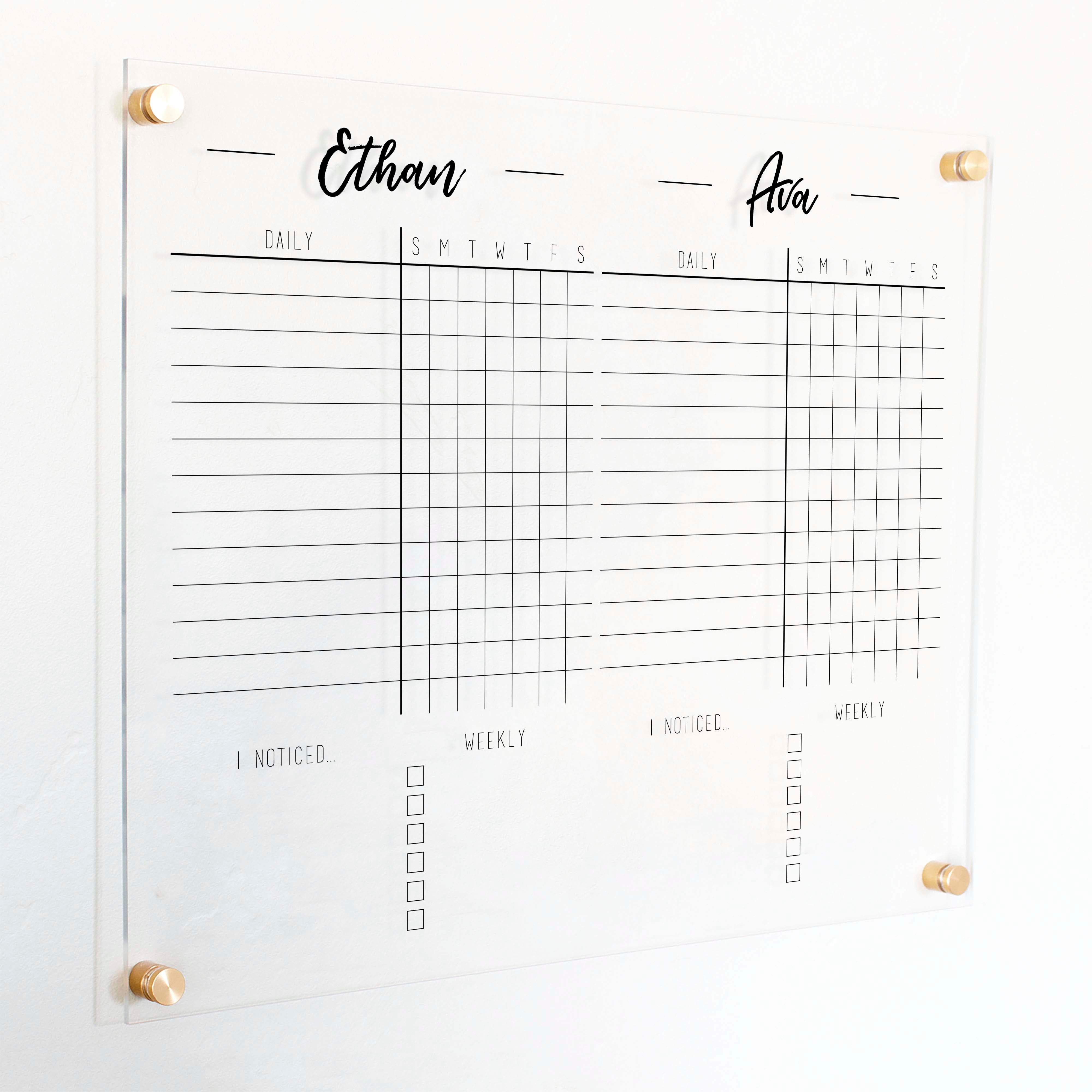 A Dry-erase acrylic chore chart hanging on the wall