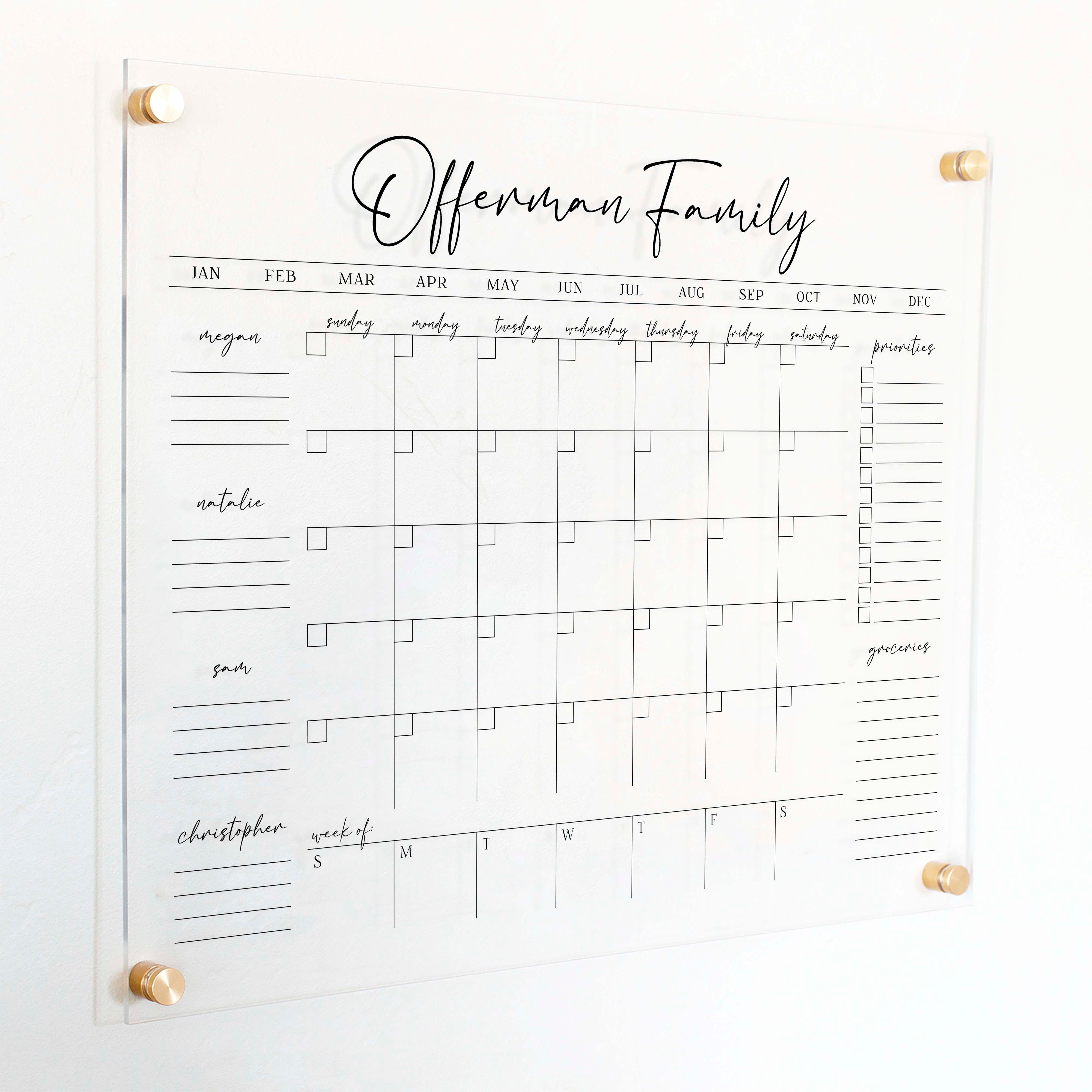 Week & Month Acrylic Calendar + 6 Sections | Horizontal Pennington