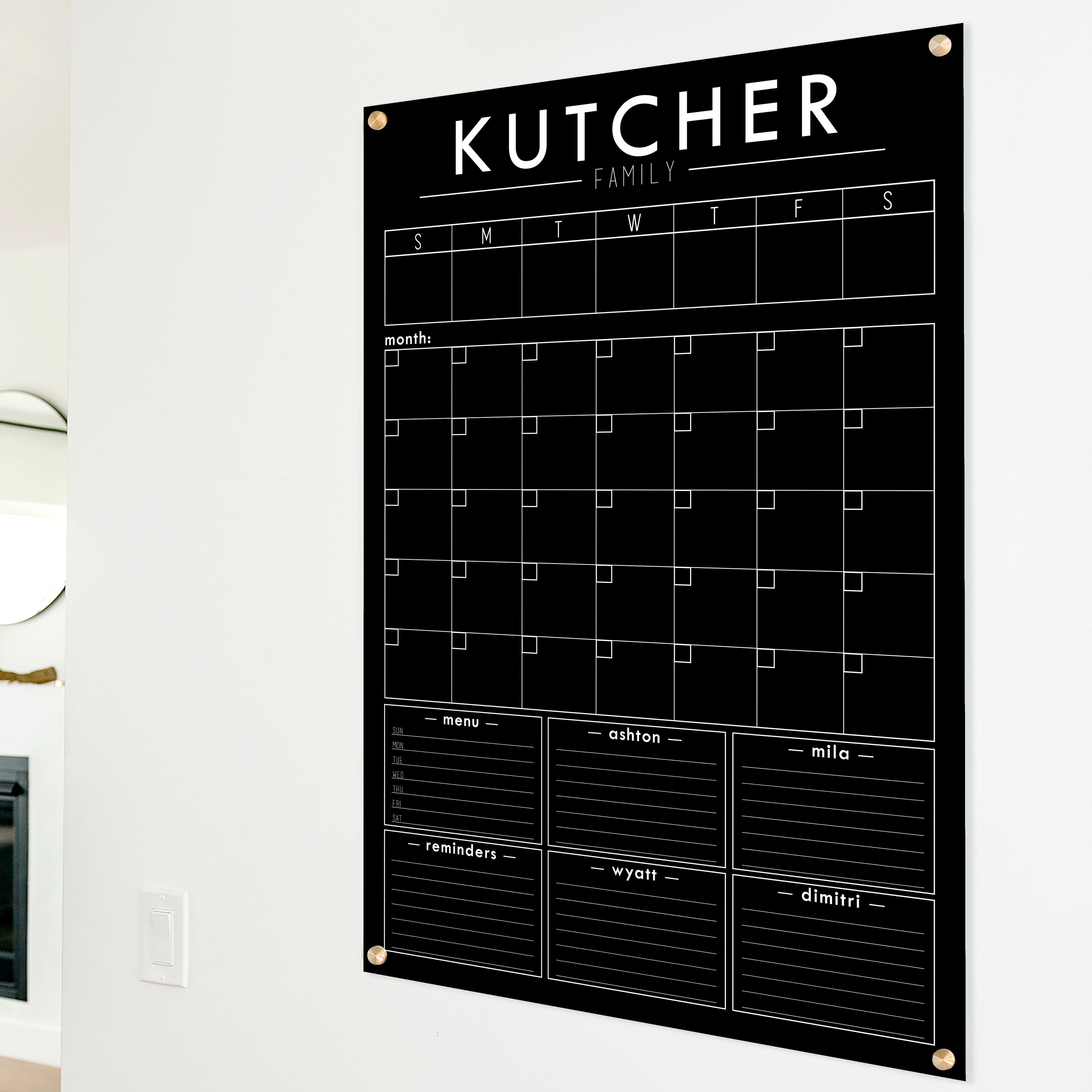 Week & Month Black Acrylic Calendar + 6 Sections | Vertical Craig