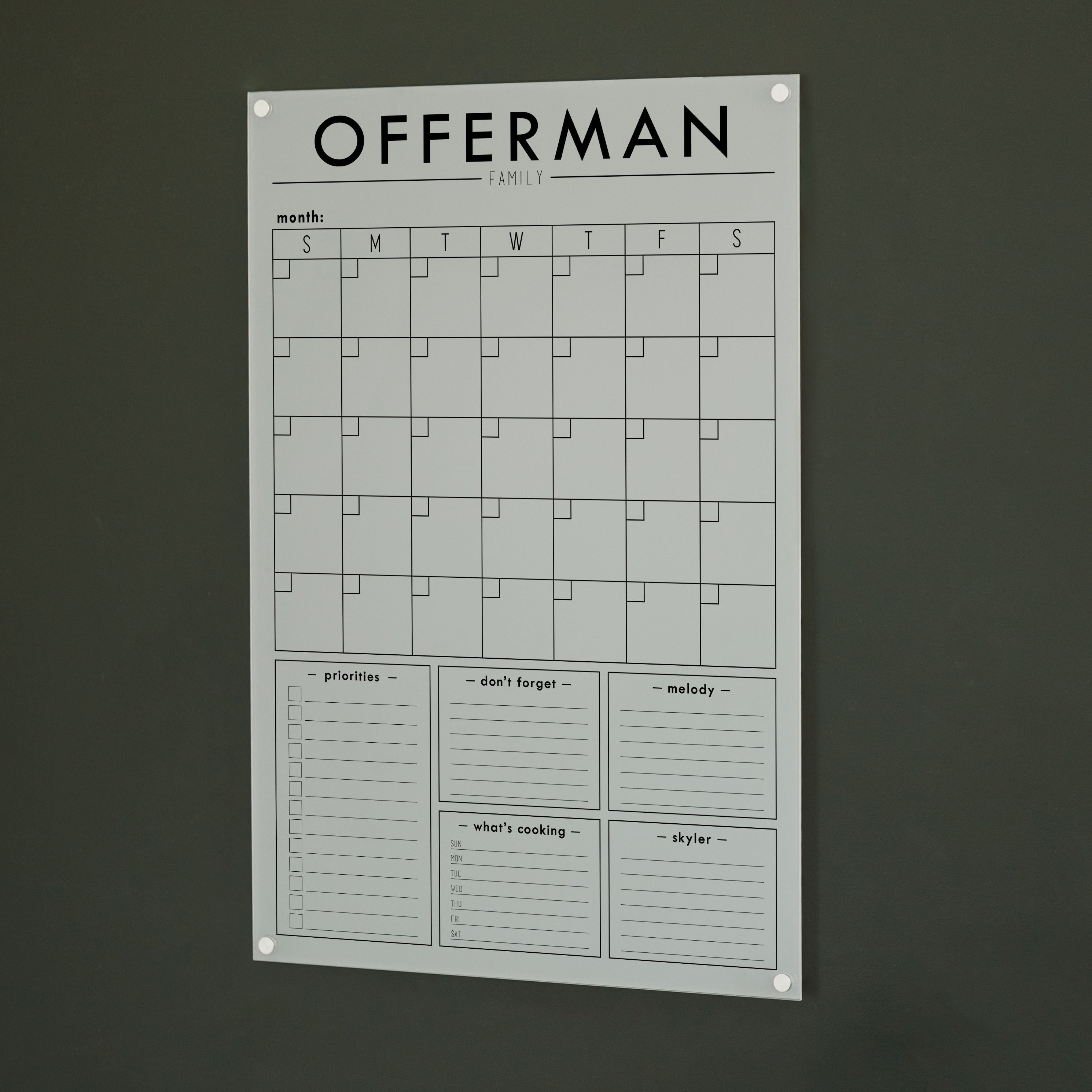 Monthly Frosted Acrylic Calendar + 5 Sections | Vertical Craig