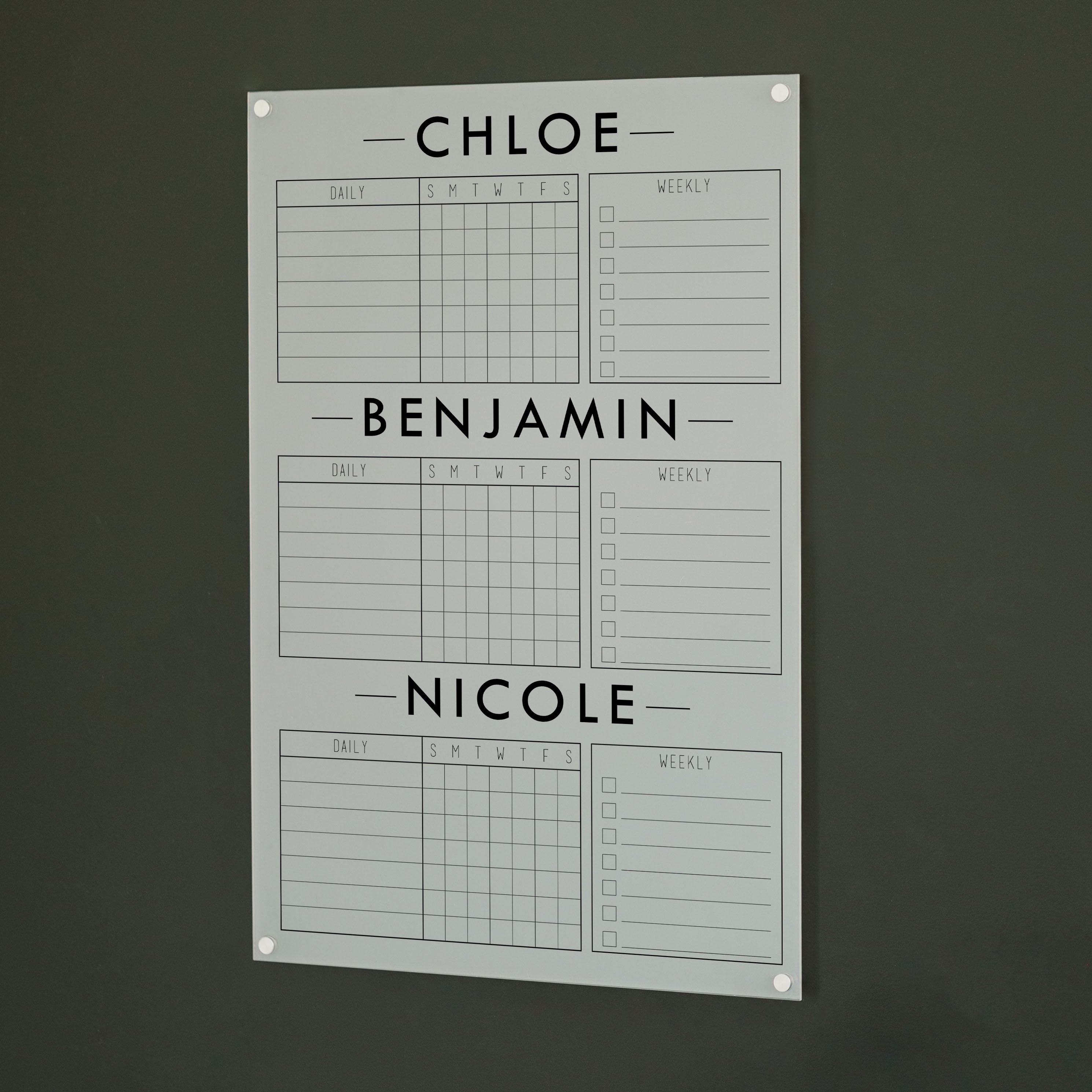 3 Person Frosted Acrylic Chore Chart | Vertical Multi-Style