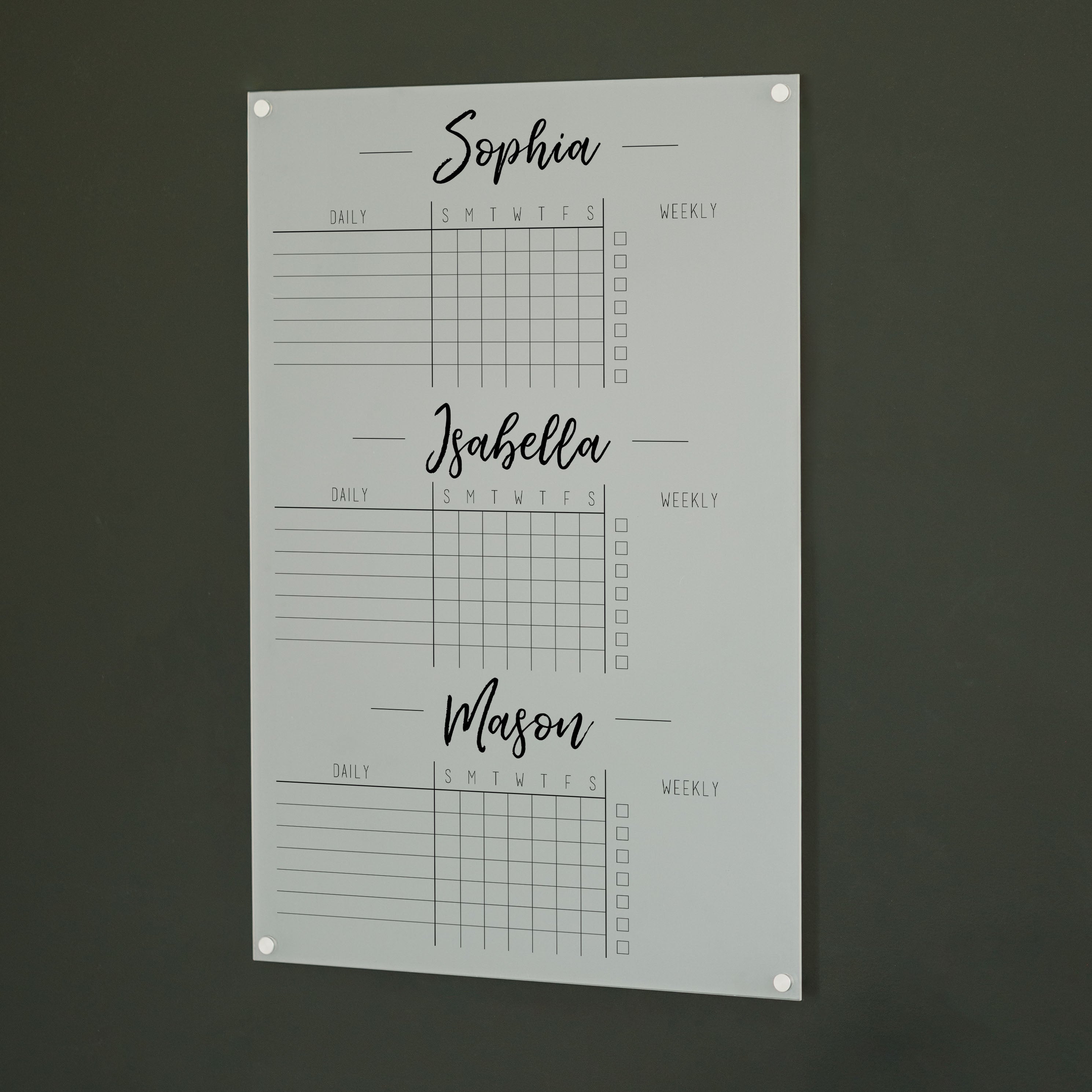 3 Person Frosted Acrylic Chore Chart | Vertical Traeger