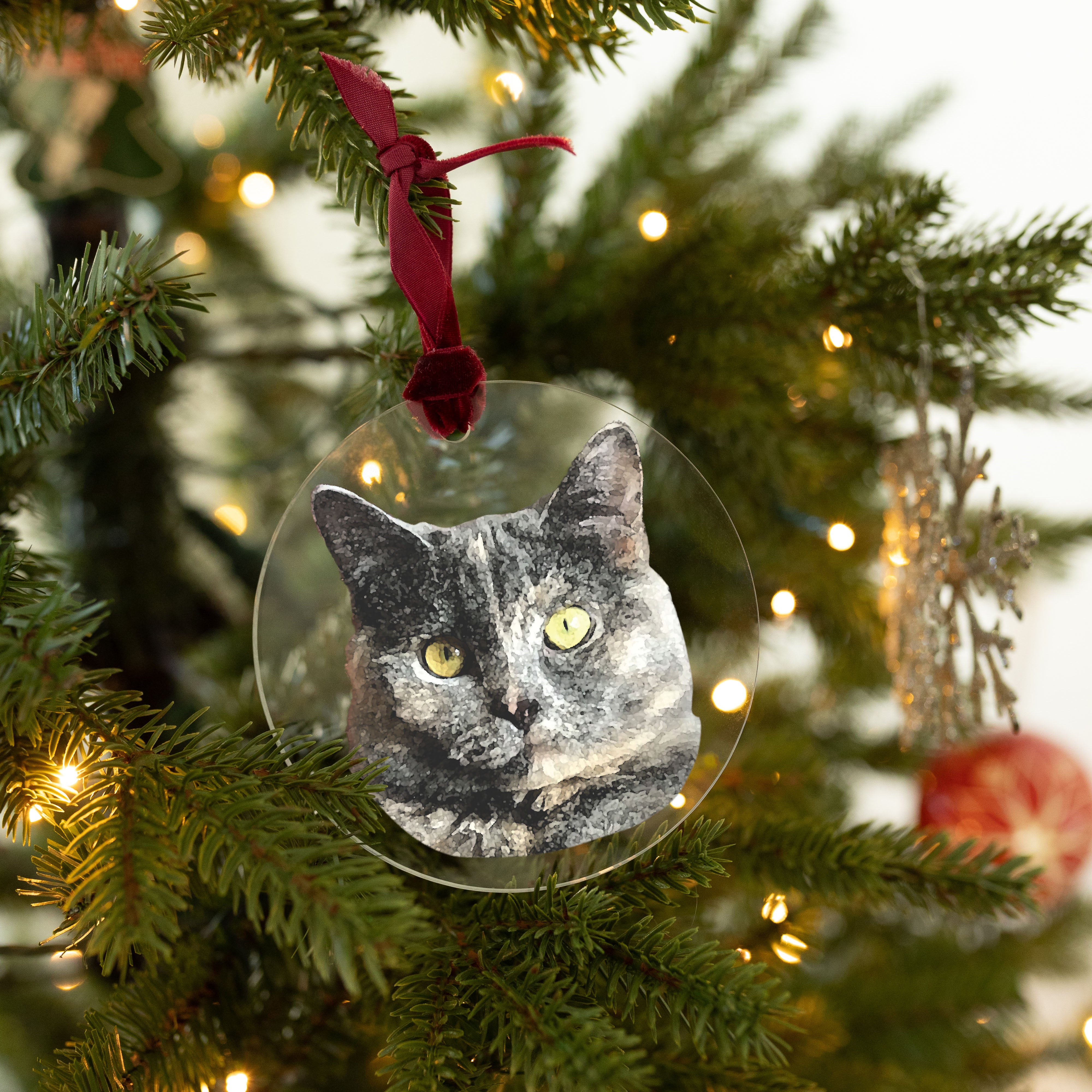 4x4 inch clear acrylic ornament with a cat's face