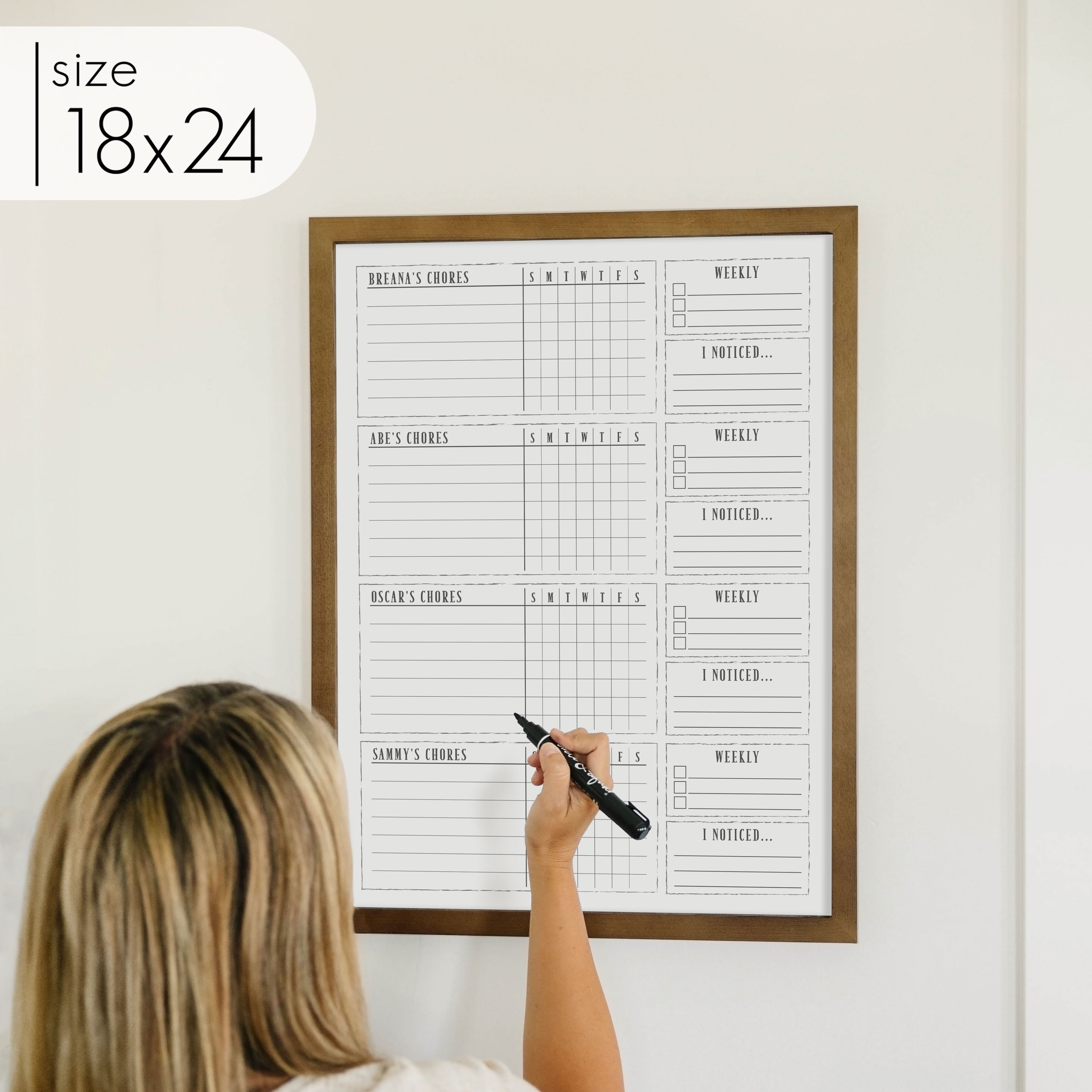 4 Person Framed Whiteboard Chore Chart  | Vertical Swanson