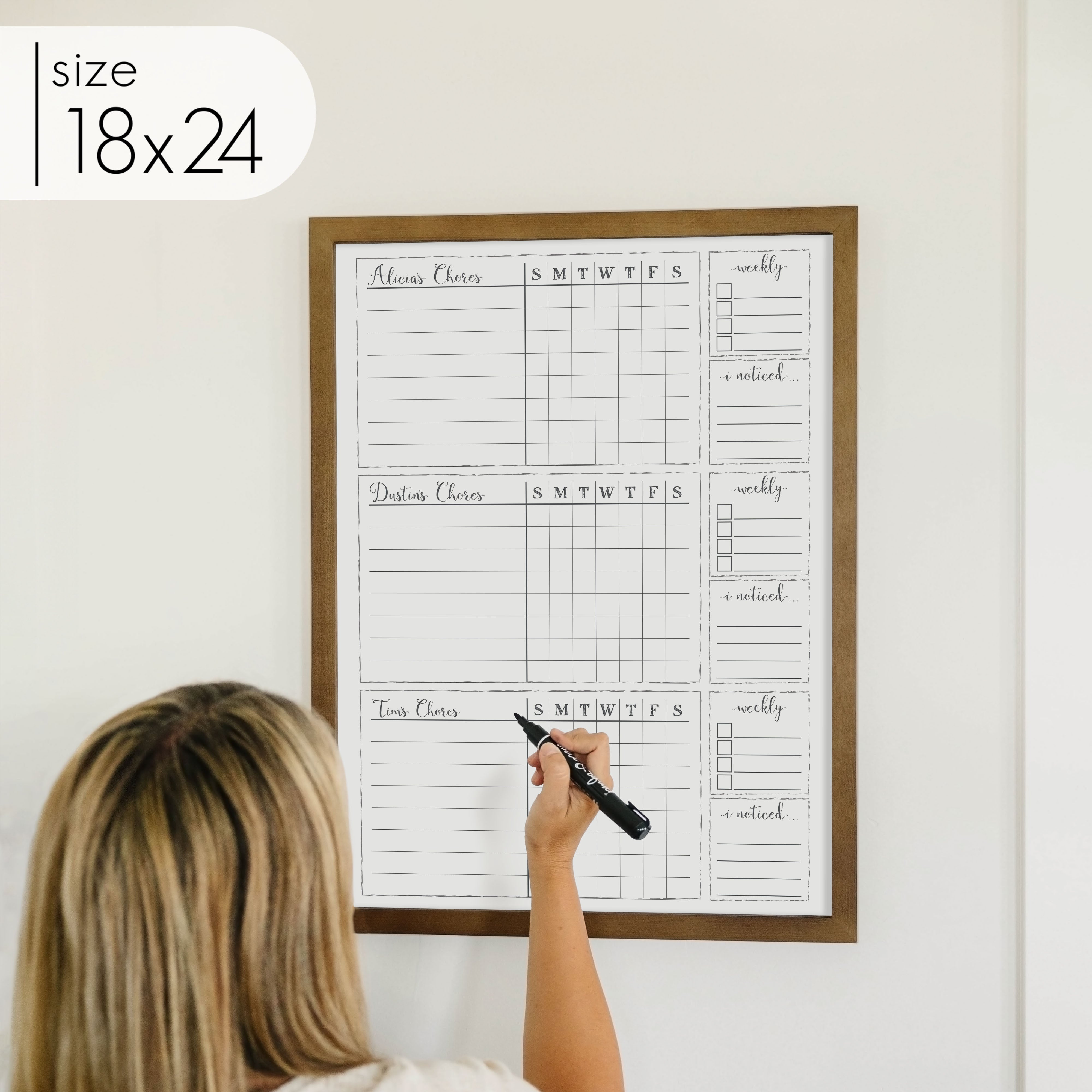 3 Person Framed Whiteboard Chore Chart  | Vertical Knope