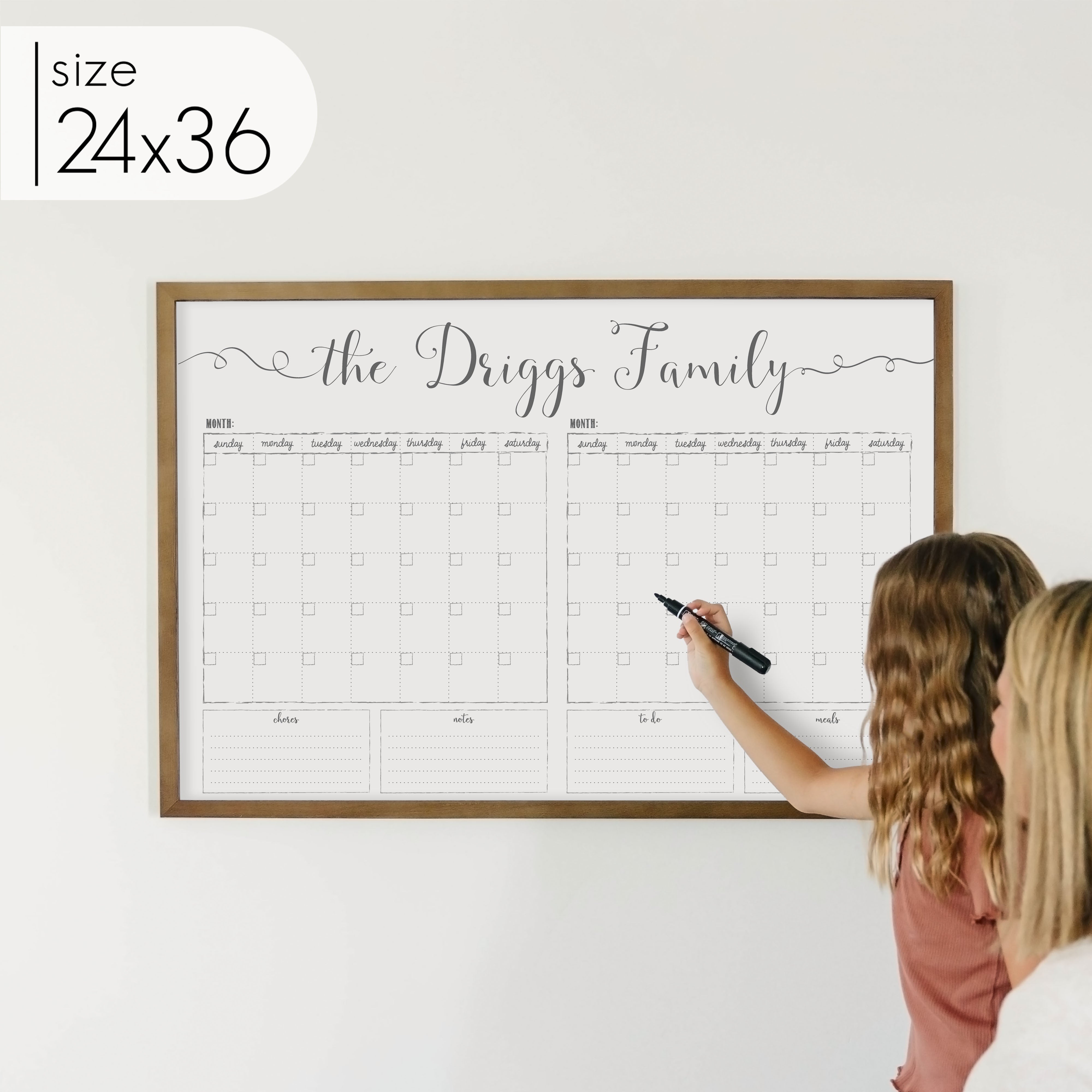 2 Month Framed Whiteboard Calendar + 4 sections | Horizontal Knope