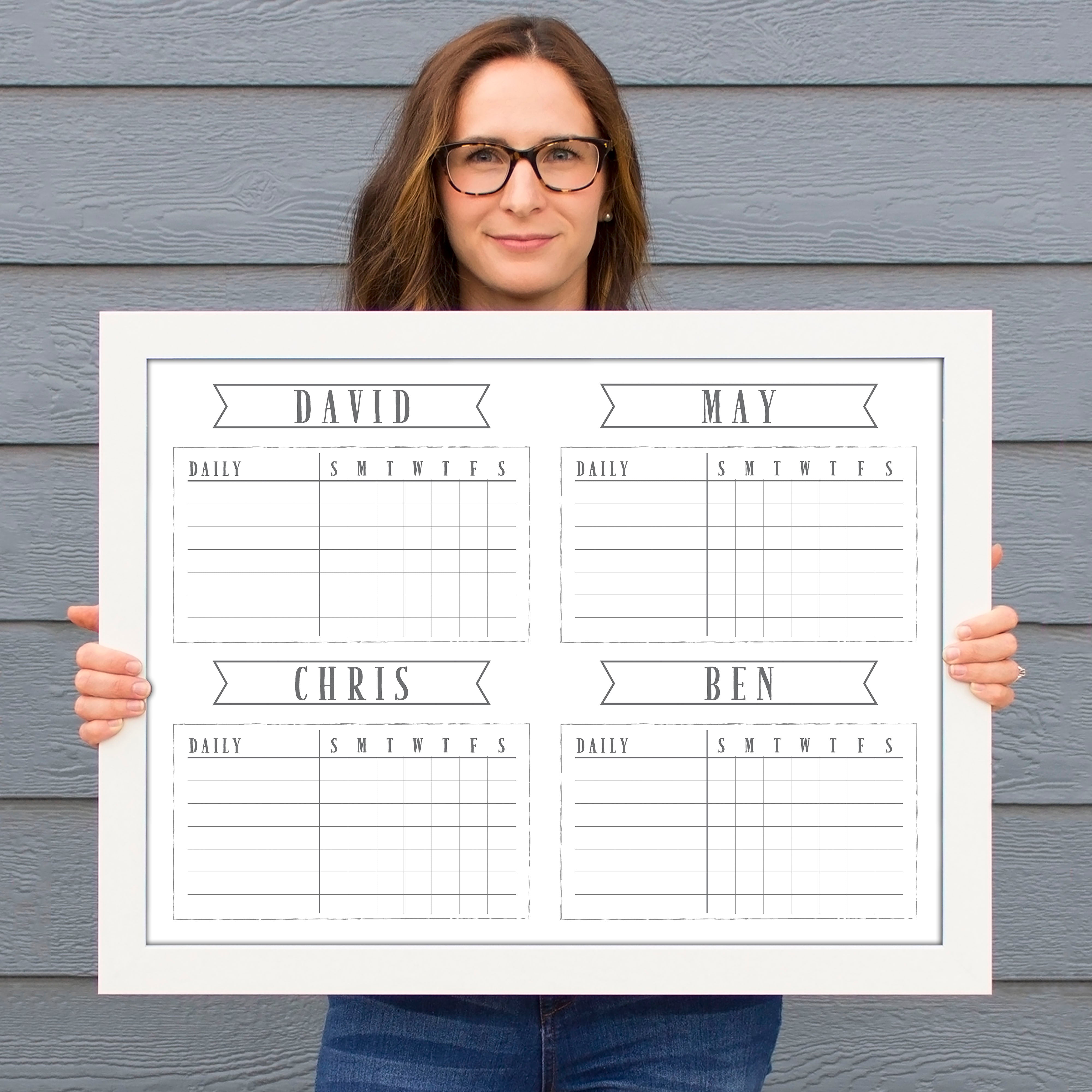 4 Person Framed Chore Chart Whiteboard | Horizontal Swanson