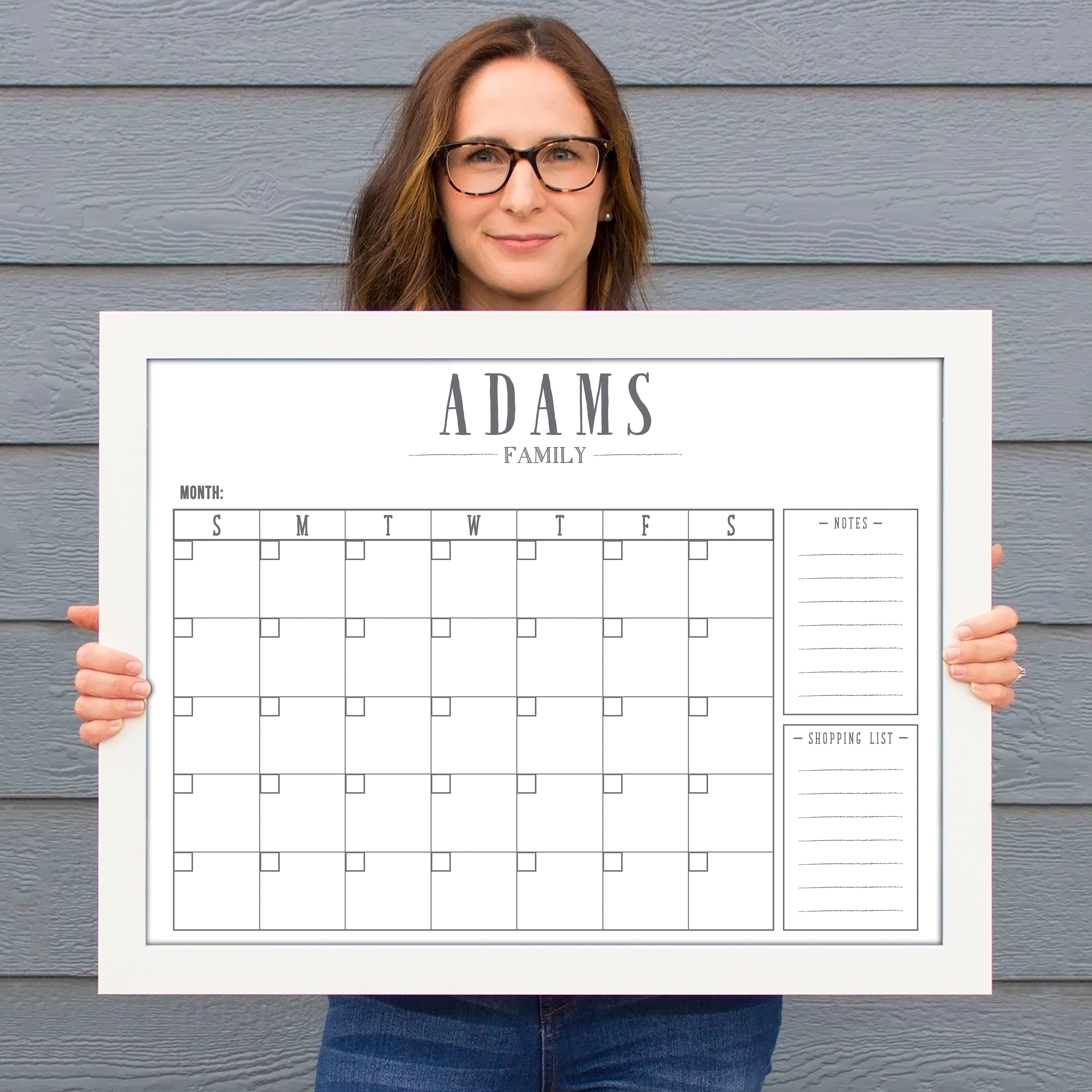 Monthly Framed Whiteboard Calendar + 2 sections | Horizontal Swanson